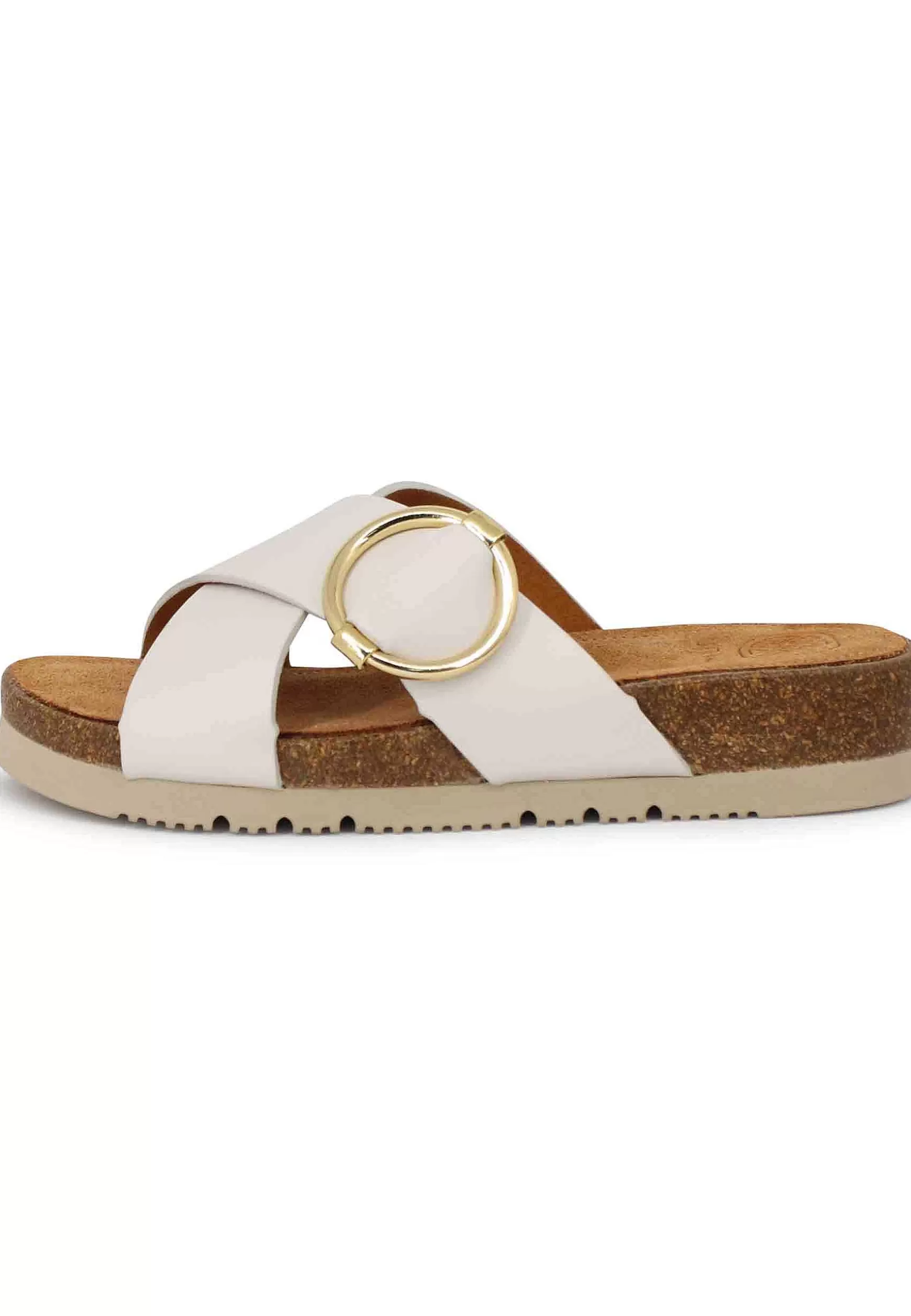Sandali Bassi Donna In Pelle Avorio Con Fussbett E Fibbia Laterale Oro*Unisa Best