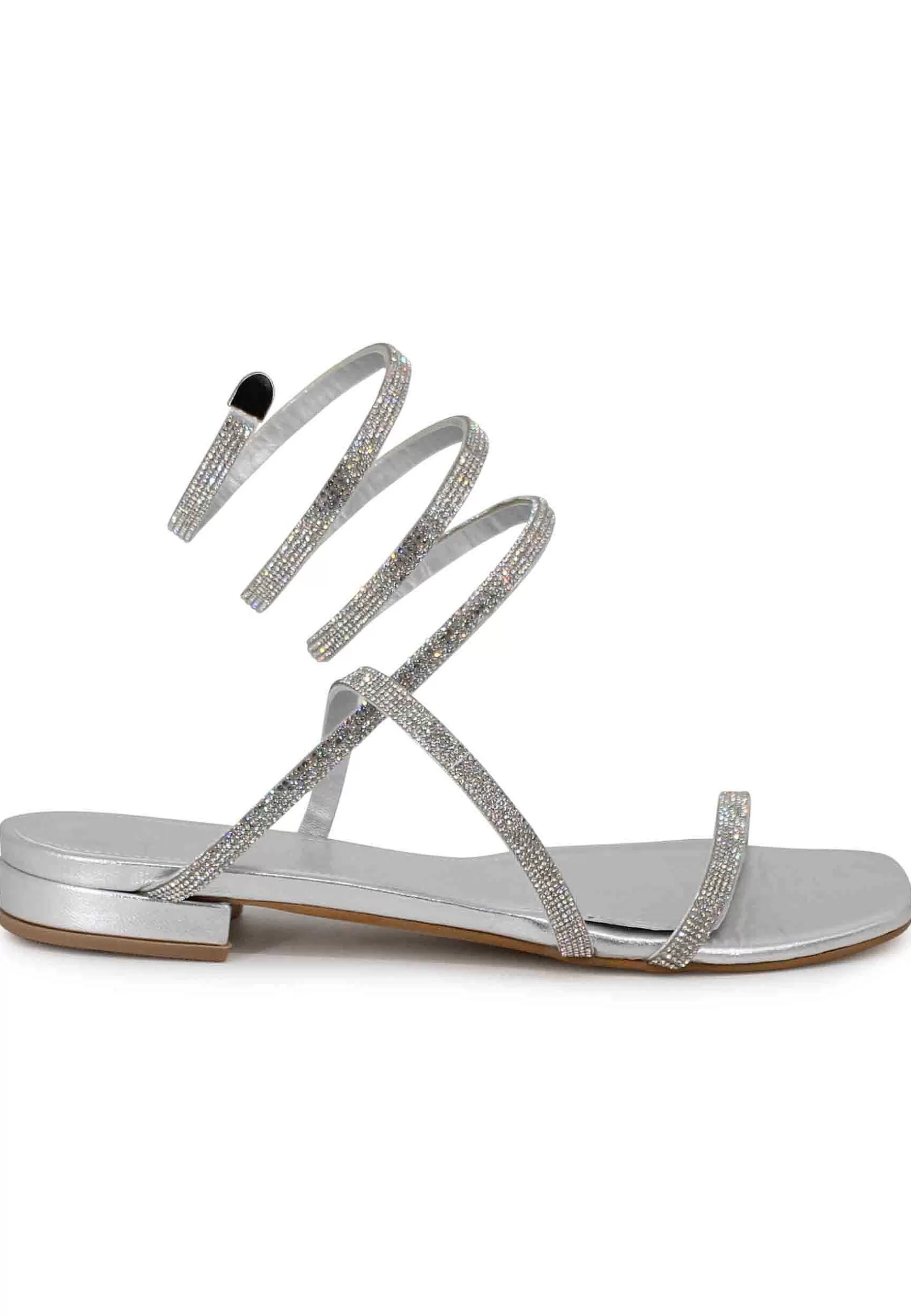 Sandali Bassi Donna In Tessuto Argento Con Strass E Cavigliera A Serpente*Tsakiris Mallas New