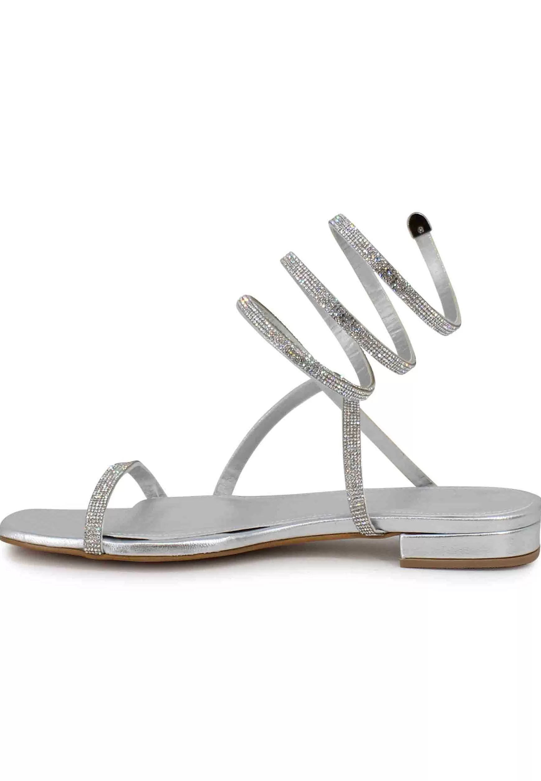 Sandali Bassi Donna In Tessuto Argento Con Strass E Cavigliera A Serpente*Tsakiris Mallas New