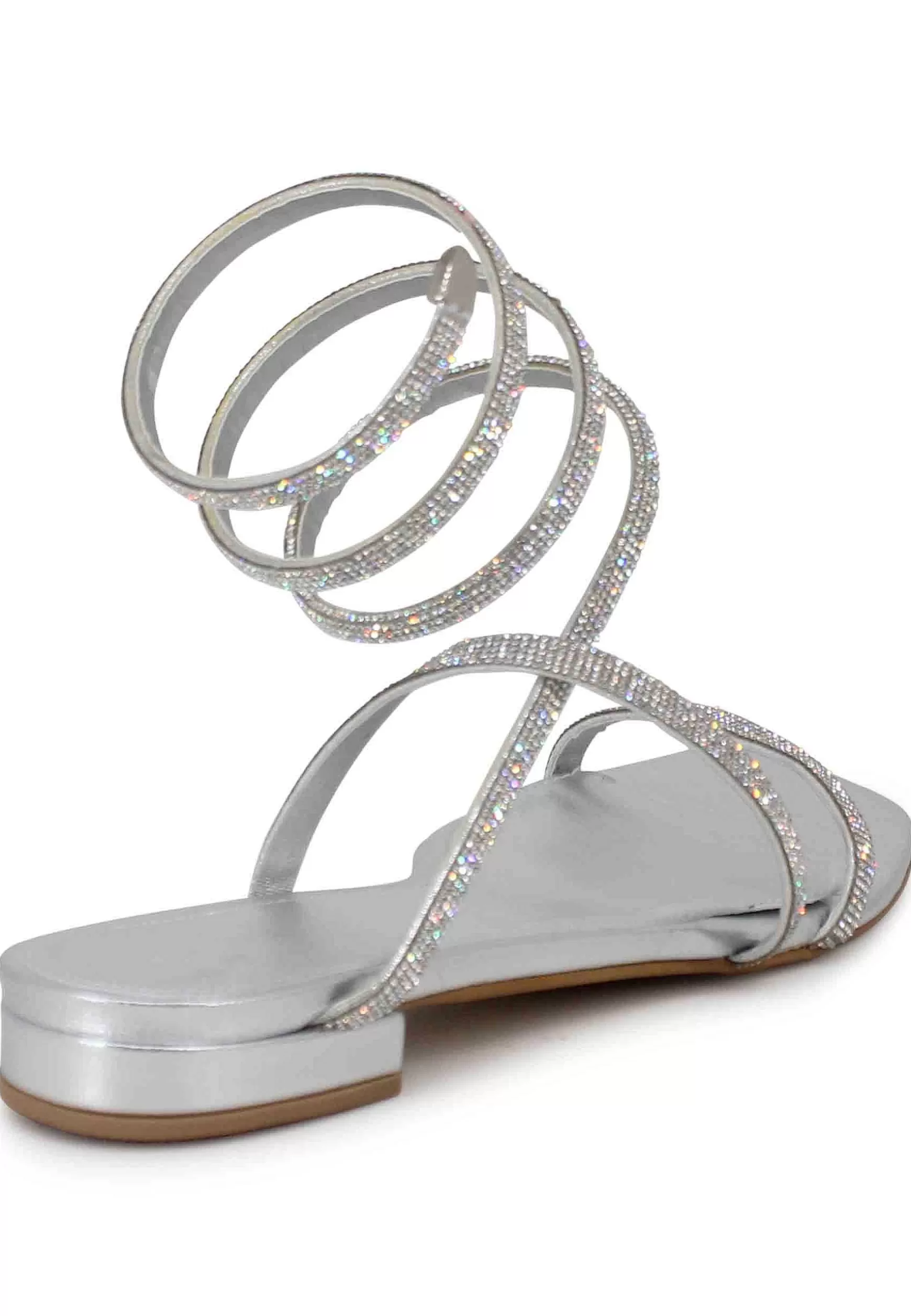 Sandali Bassi Donna In Tessuto Argento Con Strass E Cavigliera A Serpente*Tsakiris Mallas New