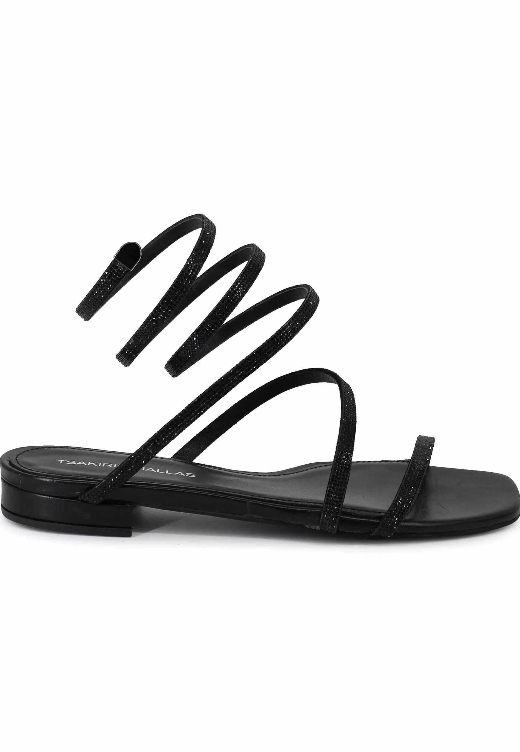 Sandali Bassi Donna In Tessuto Nero Con Strass E Cavigliera A Serpente*Tsakiris Mallas Shop