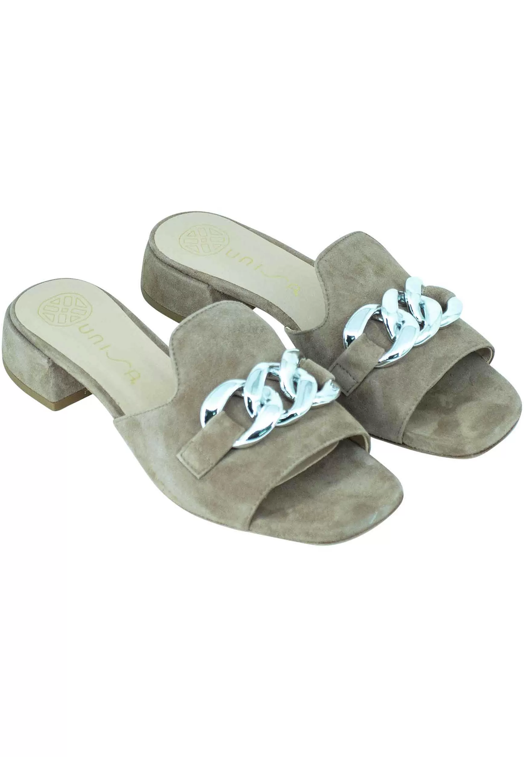 Sandali Da Donna In Camoscio Taupe Con Accessorio E Tacco Basso*Unisa Shop