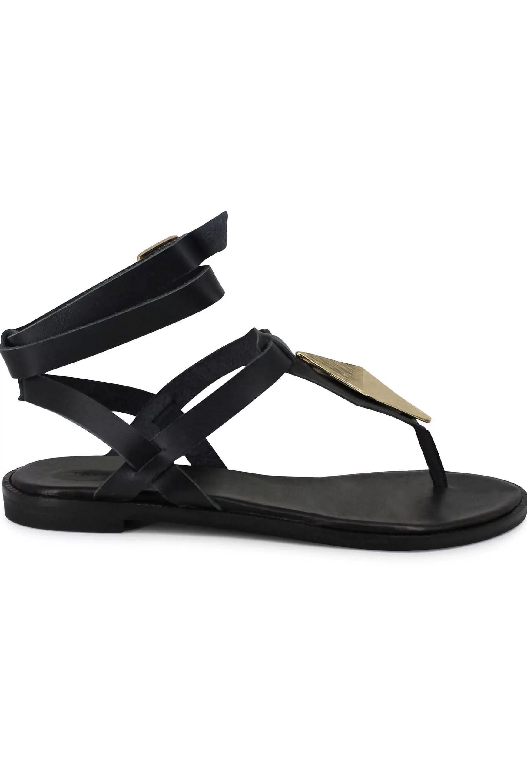 Sandali Donna Bassi Infradito In Pelle Nera Con Fibbia E Cinturino Alla Caviglia*Tsakiris Mallas Store