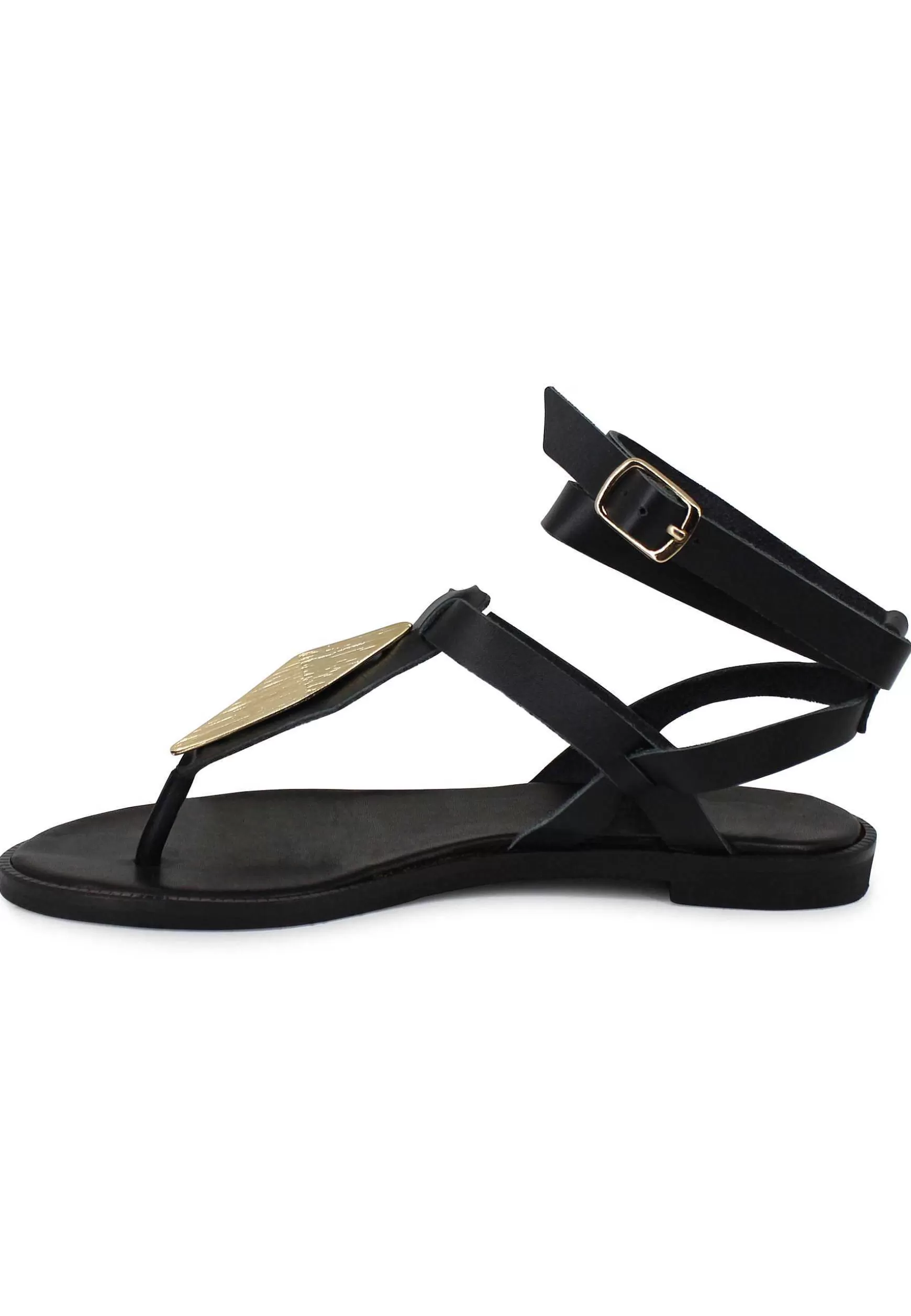 Sandali Donna Bassi Infradito In Pelle Nera Con Fibbia E Cinturino Alla Caviglia*Tsakiris Mallas Store
