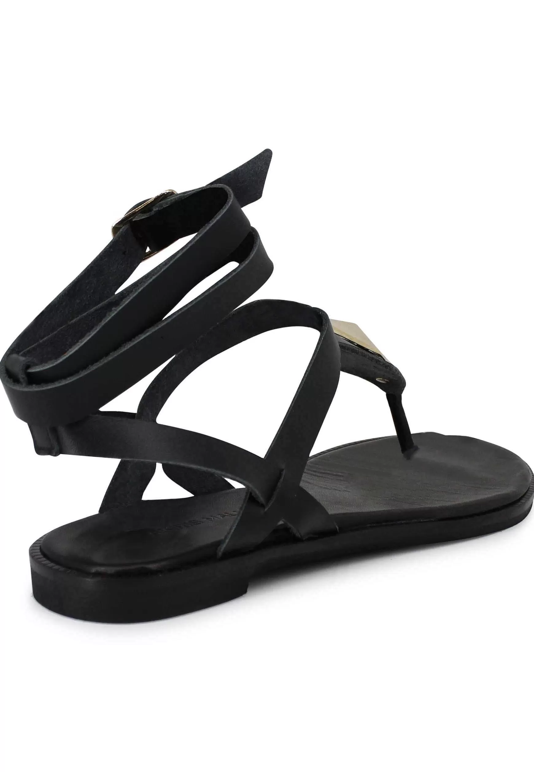 Sandali Donna Bassi Infradito In Pelle Nera Con Fibbia E Cinturino Alla Caviglia*Tsakiris Mallas Store