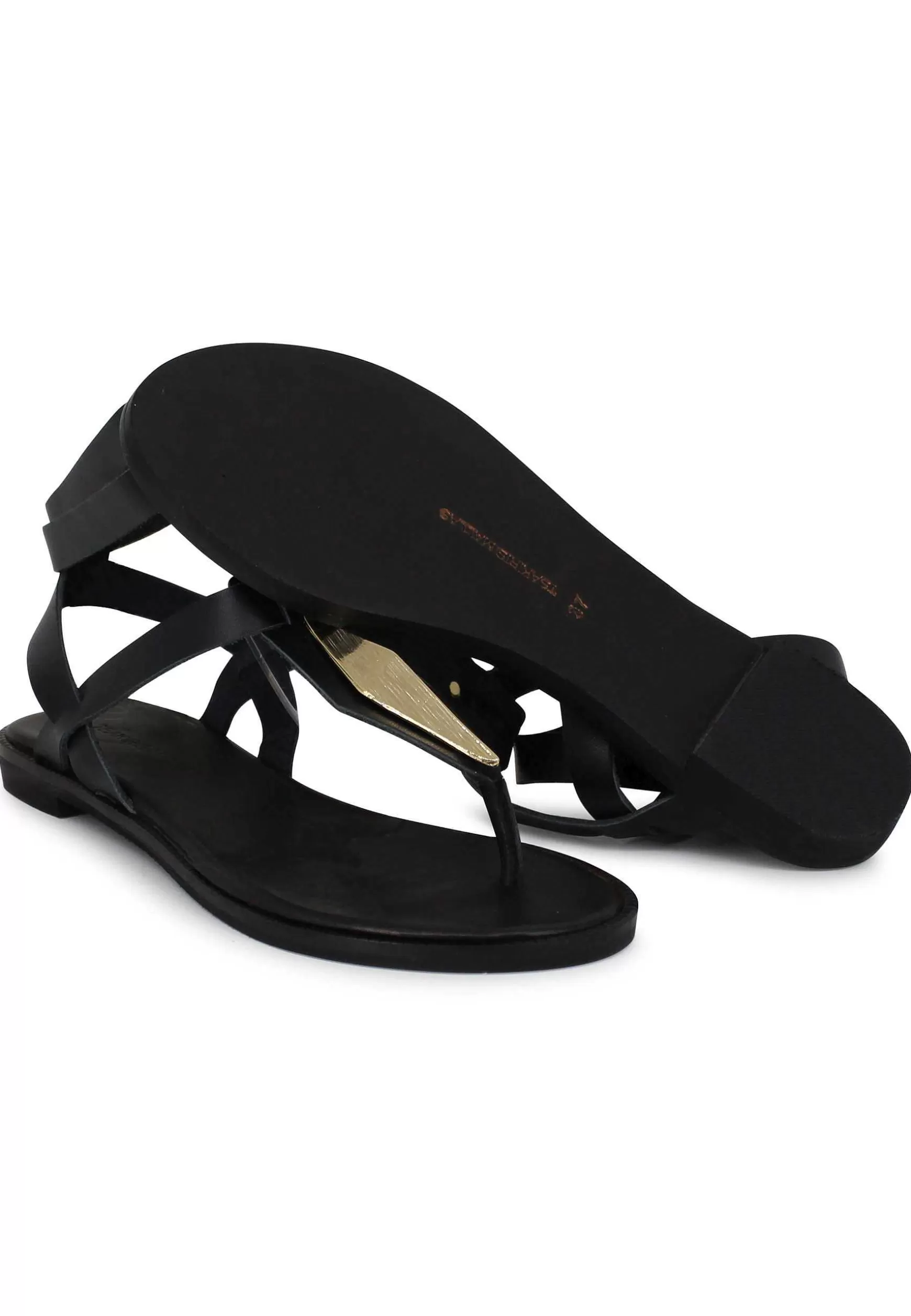 Sandali Donna Bassi Infradito In Pelle Nera Con Fibbia E Cinturino Alla Caviglia*Tsakiris Mallas Store