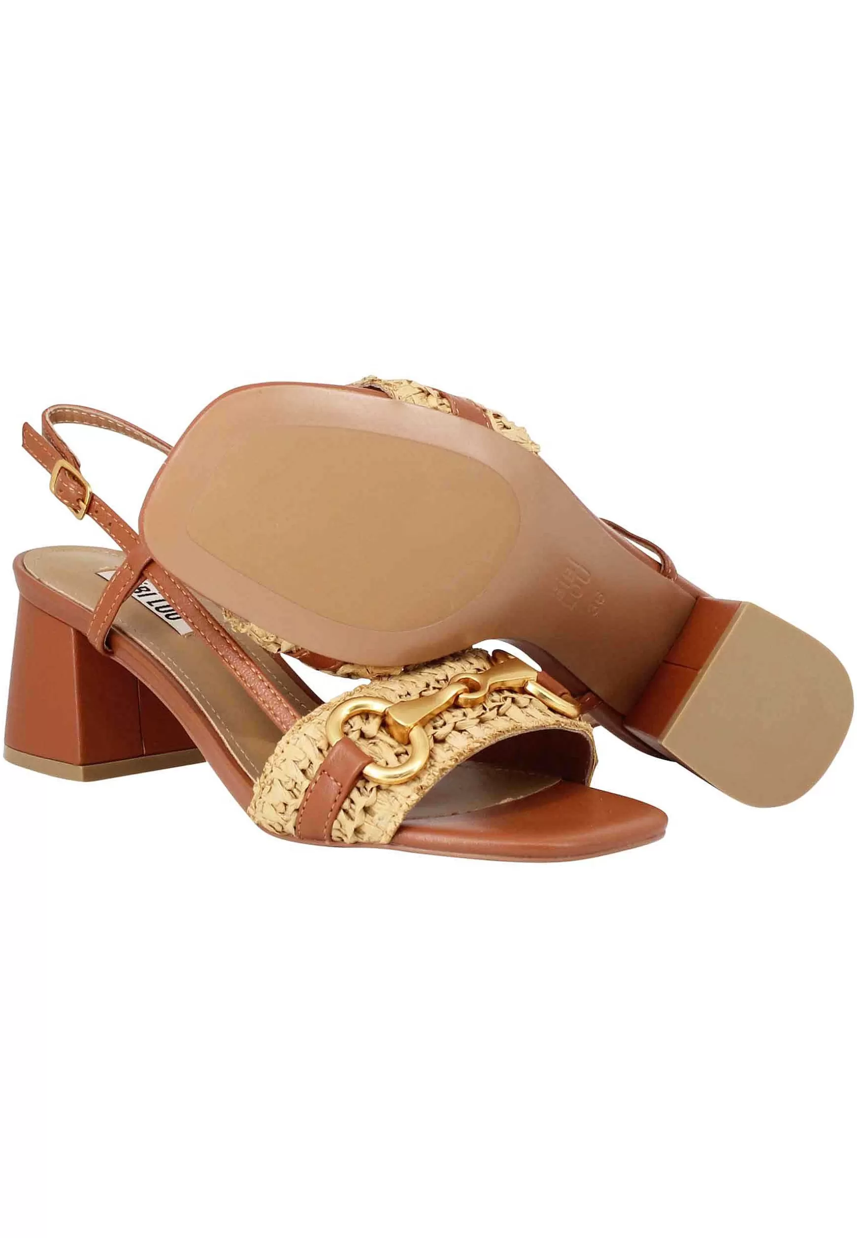 Sandali Donna Connie Slingback In Pelle E Tessuto Cuoio Con Morsetto Oro E Tacco Alto*Bibi Lou Clearance
