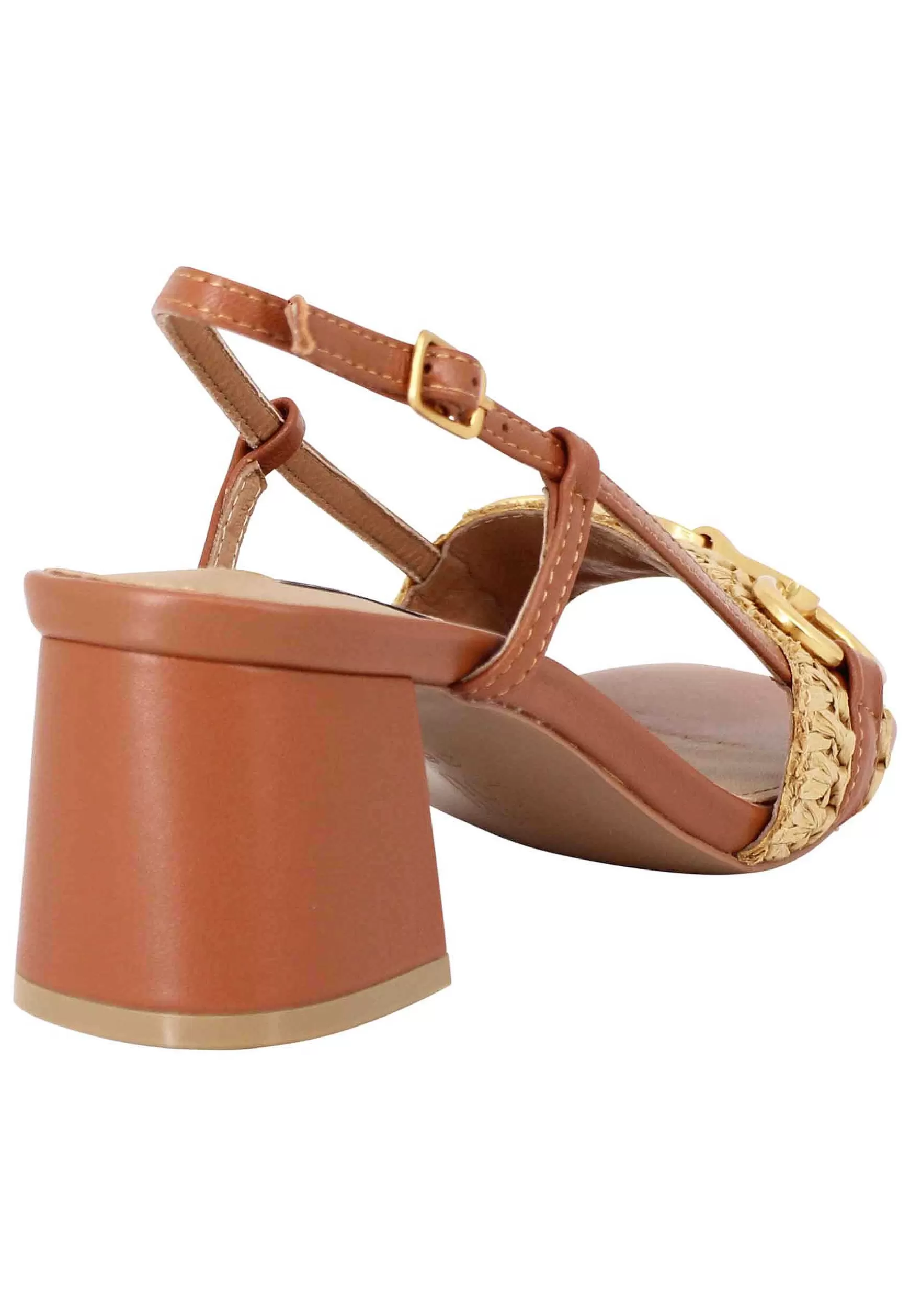 Sandali Donna Connie Slingback In Pelle E Tessuto Cuoio Con Morsetto Oro E Tacco Alto*Bibi Lou Clearance