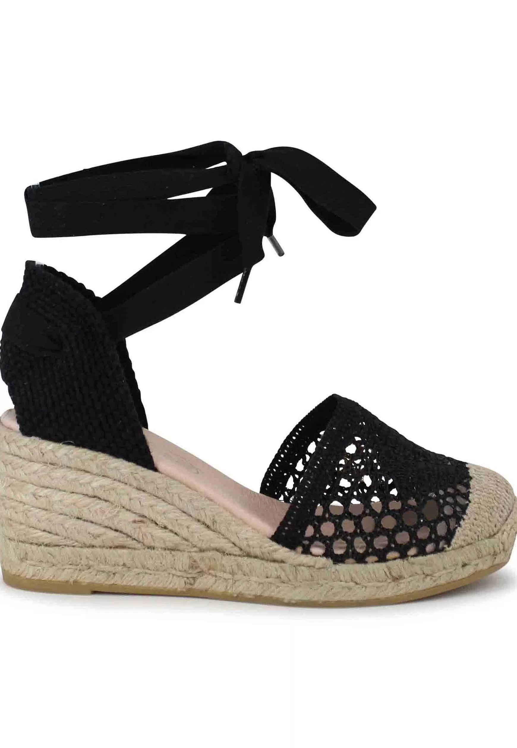 Sandali Donna Espadrillas In Tessuto Nero Ricamato E Laccetti Alla Caviglia*Suyute Outlet
