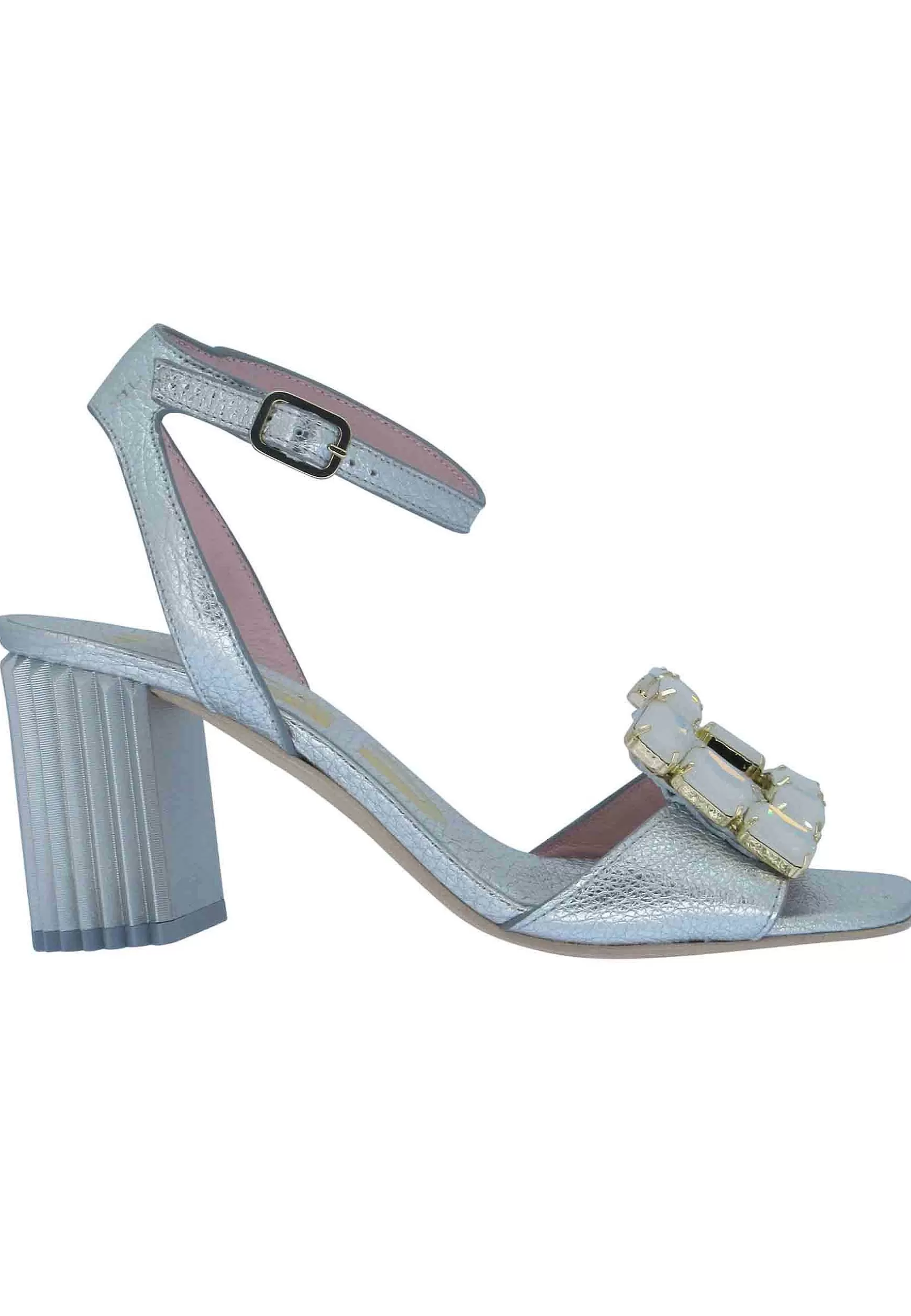 Sandali Donna Gramet In Pelle Argento Con Accessorio E Tacco Grosso In Metallo*Ras Discount