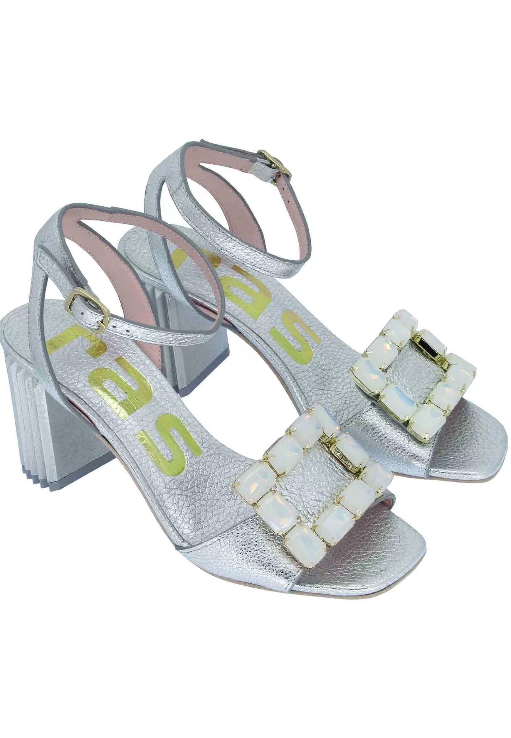 Sandali Donna Gramet In Pelle Argento Con Accessorio E Tacco Grosso In Metallo*Ras Discount