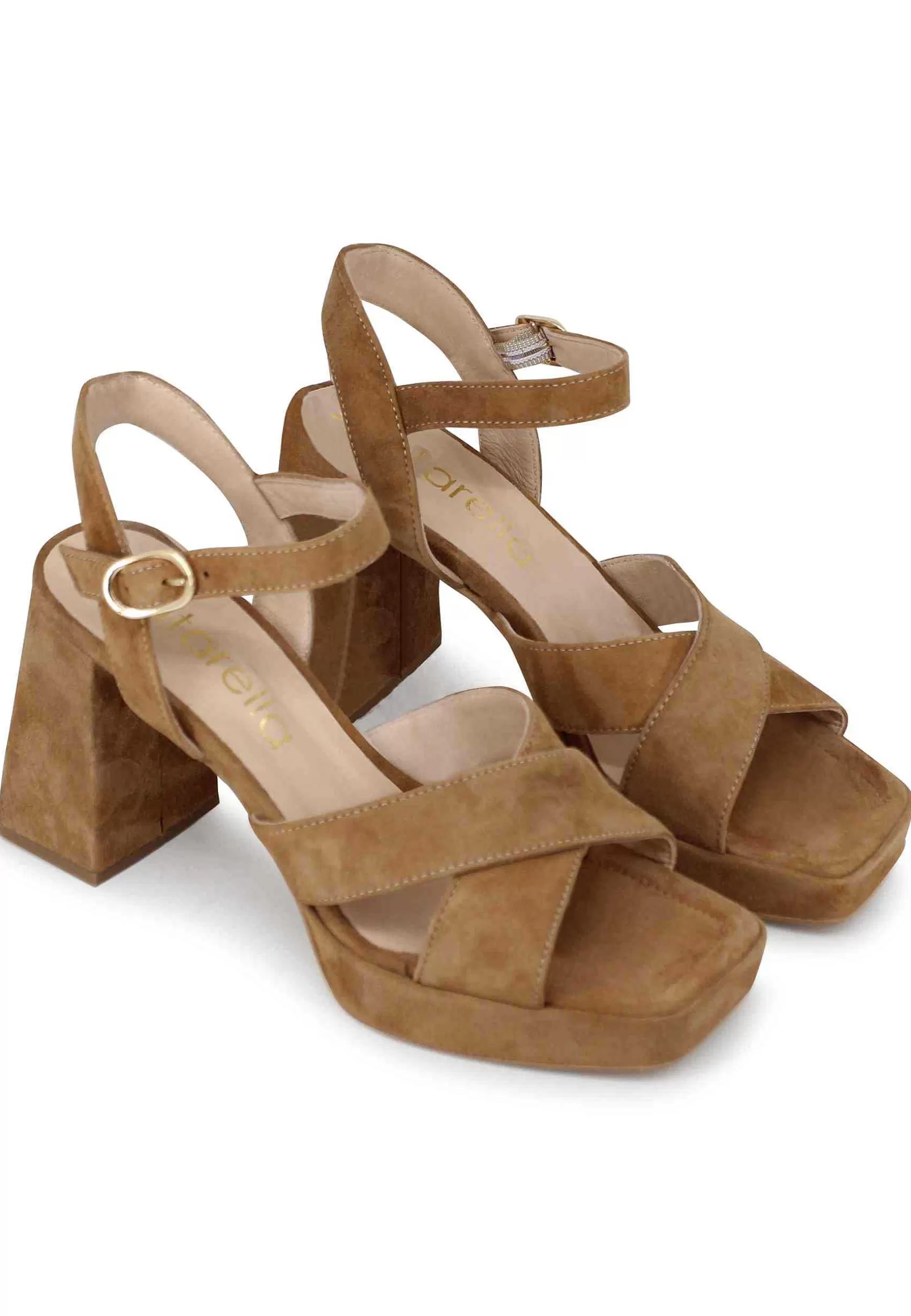 Sandali Donna In Camoscio Cuoio Con Tacco Alto E Plateau** Online