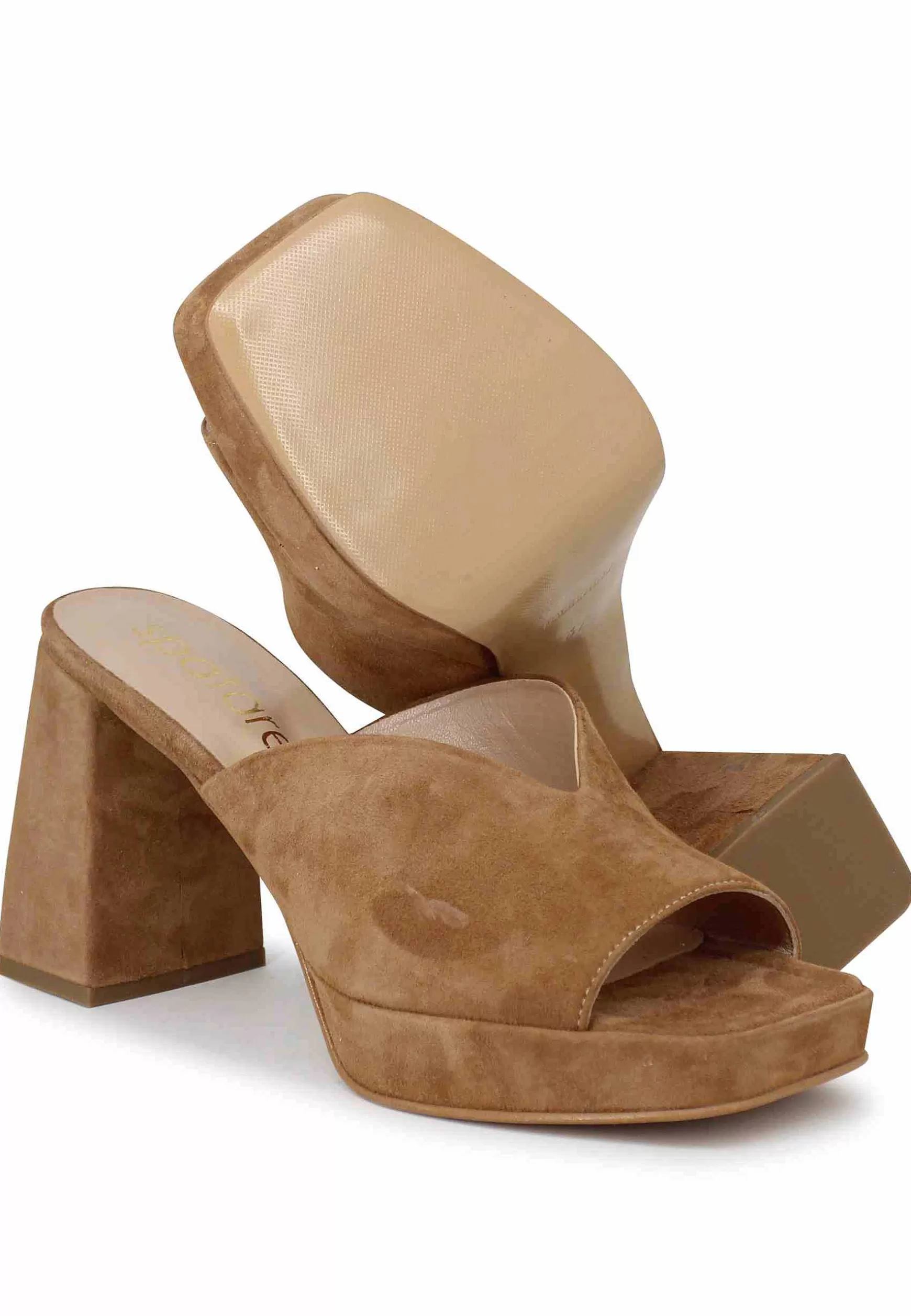 Sandali Donna In Camoscio Cuoio Con Tacco Alto E Plateau Tono Su Tono** Fashion