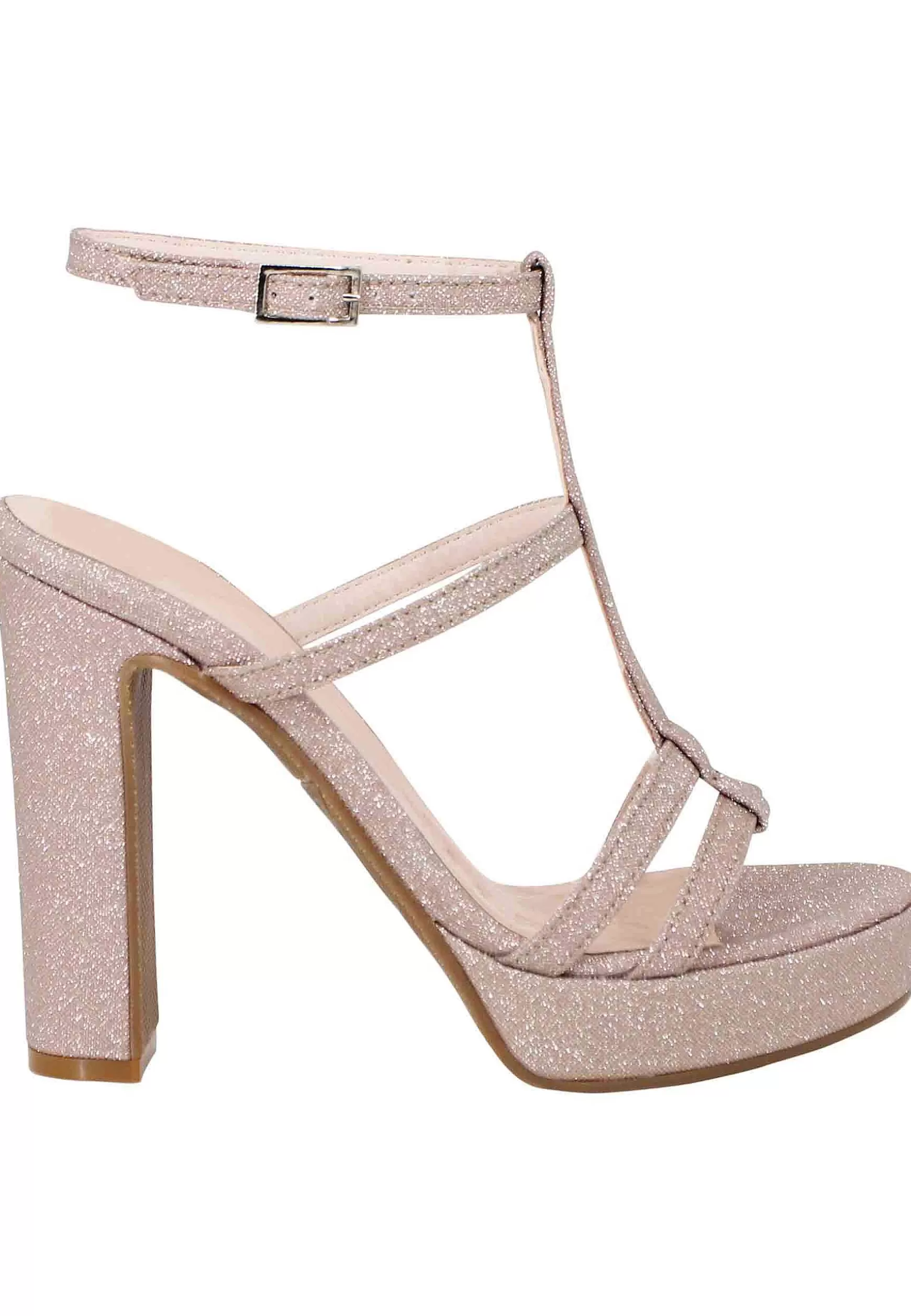 Sandali Donna In Glitter Cipria Con Tacco Alto Plateau E Cinturino Alla Caviglia*Lorenzo Mari Store