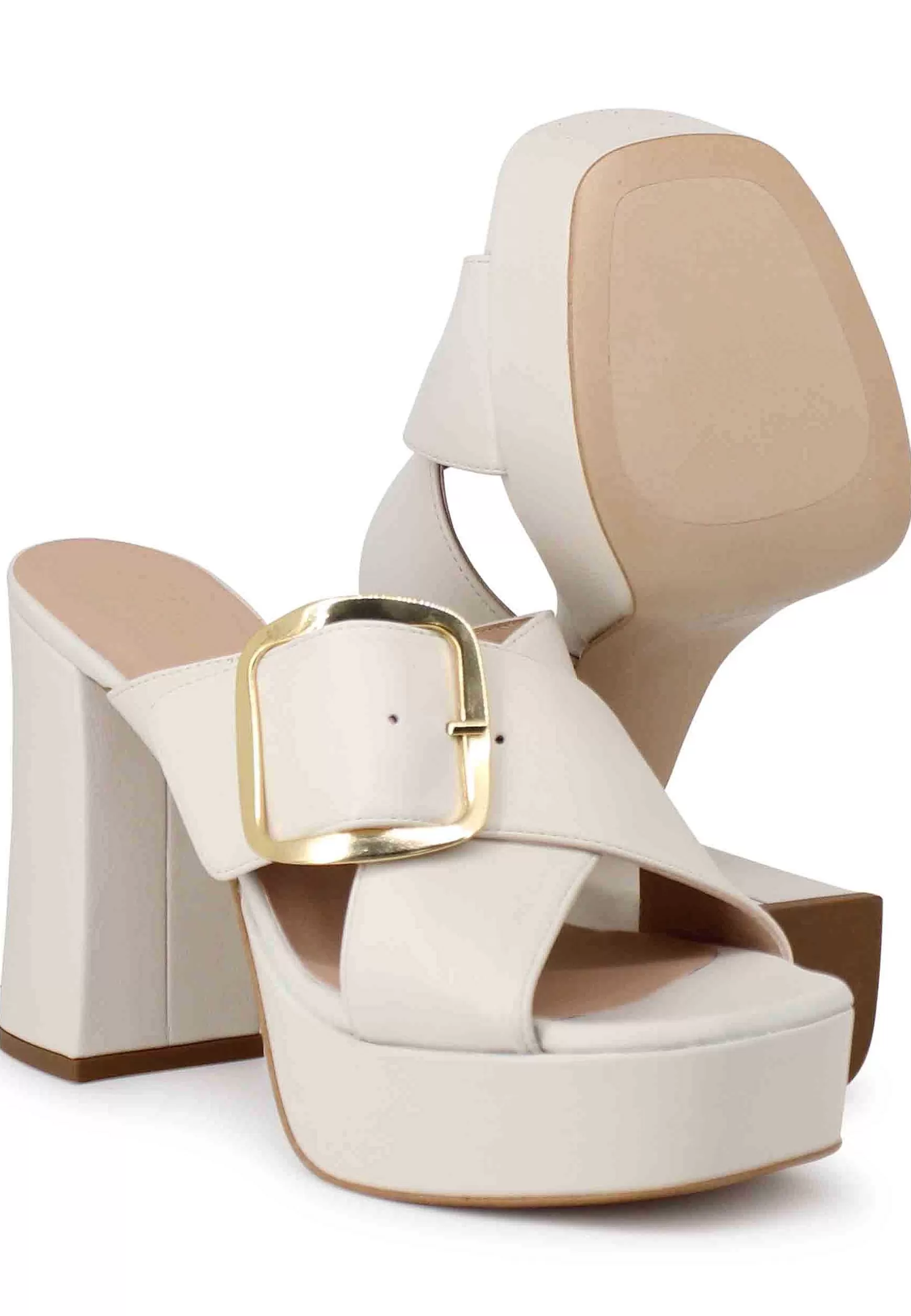 Sandali Donna In Pelle Avorio Fibbia Laterale In Oro Con Tacco Alto E Plateau*Unisa Online