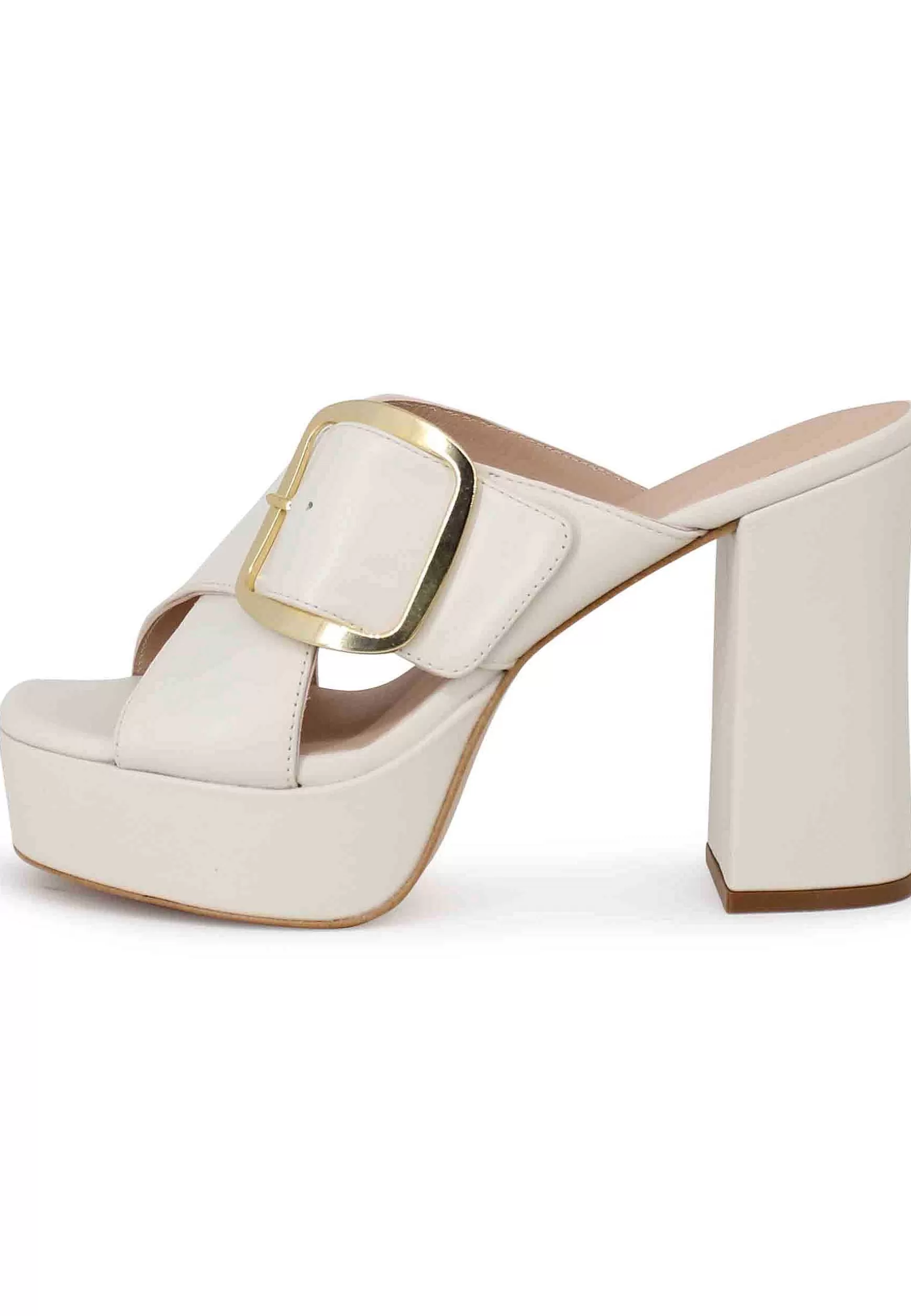 Sandali Donna In Pelle Avorio Fibbia Laterale In Oro Con Tacco Alto E Plateau*Unisa Online