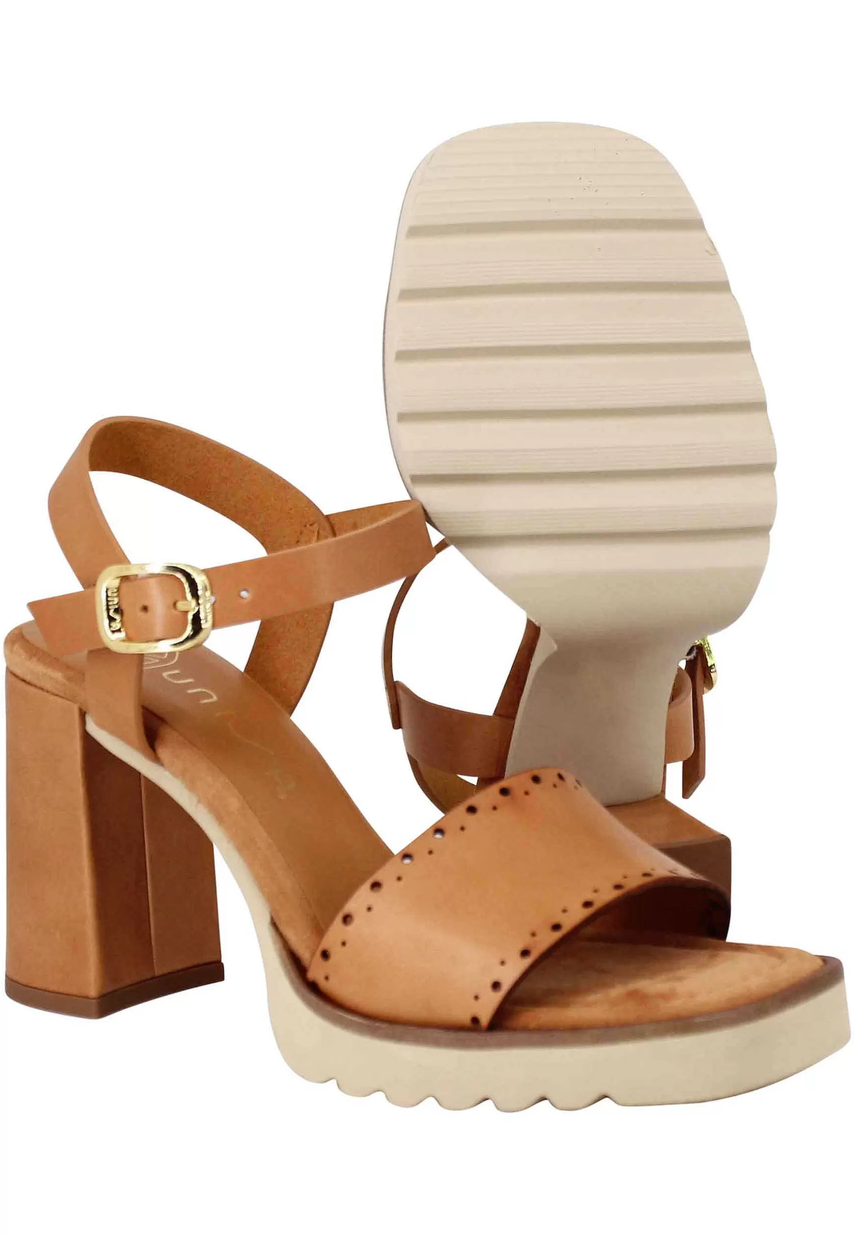 Sandali Donna In Pelle Cuoio Con Tacco Alto E Plateau In Gomma Carrarmato*Unisa Fashion