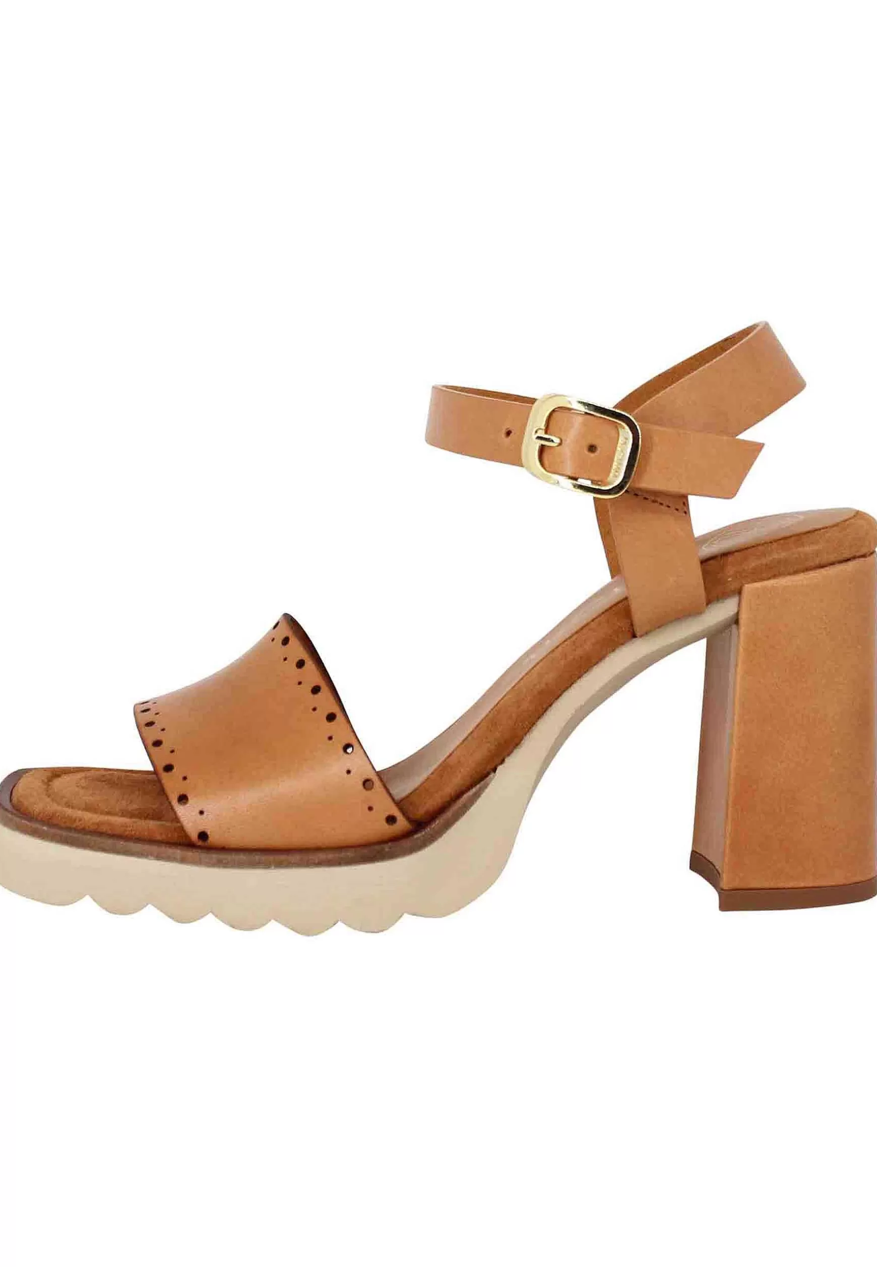 Sandali Donna In Pelle Cuoio Con Tacco Alto E Plateau In Gomma Carrarmato*Unisa Fashion