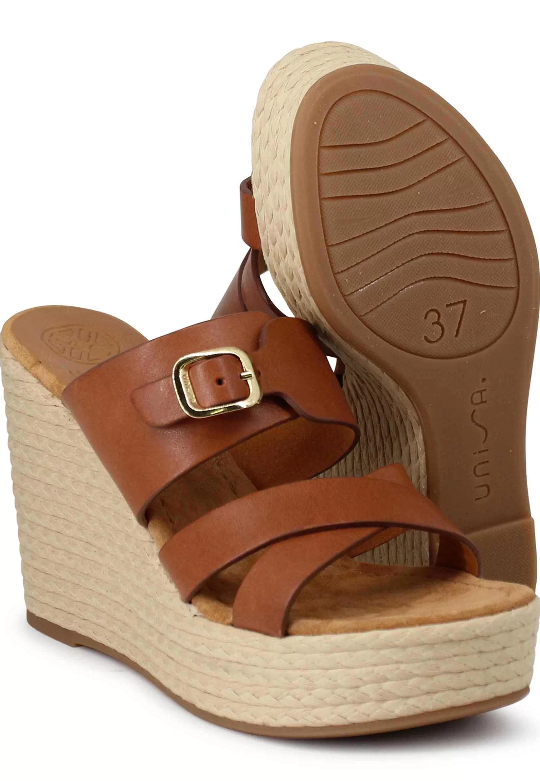 Sandali Donna In Pelle Cuoio Con Zeppa Alta In Corda*Unisa Discount