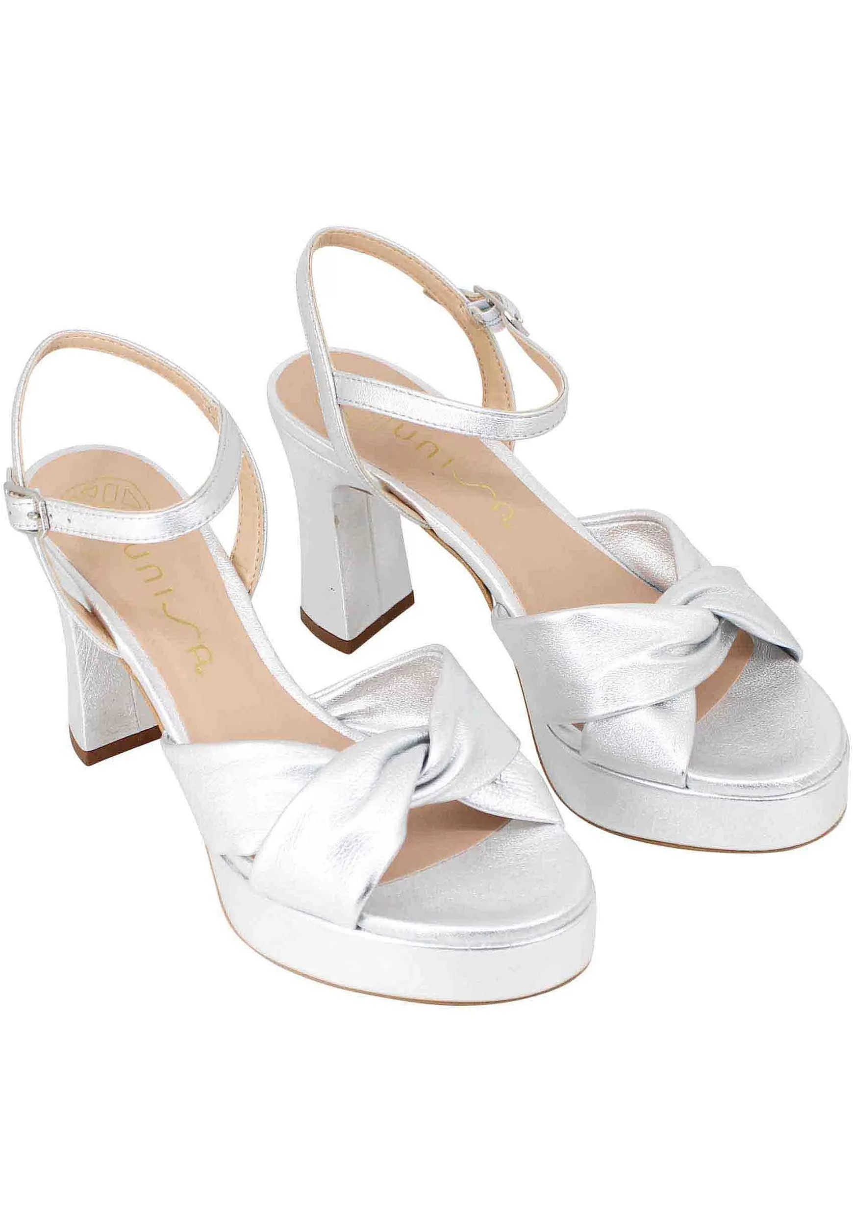 Sandali Donna In Pelle Laminata Argento Con Tacco Alto E Cinturino Alla Caviglia*Unisa Hot