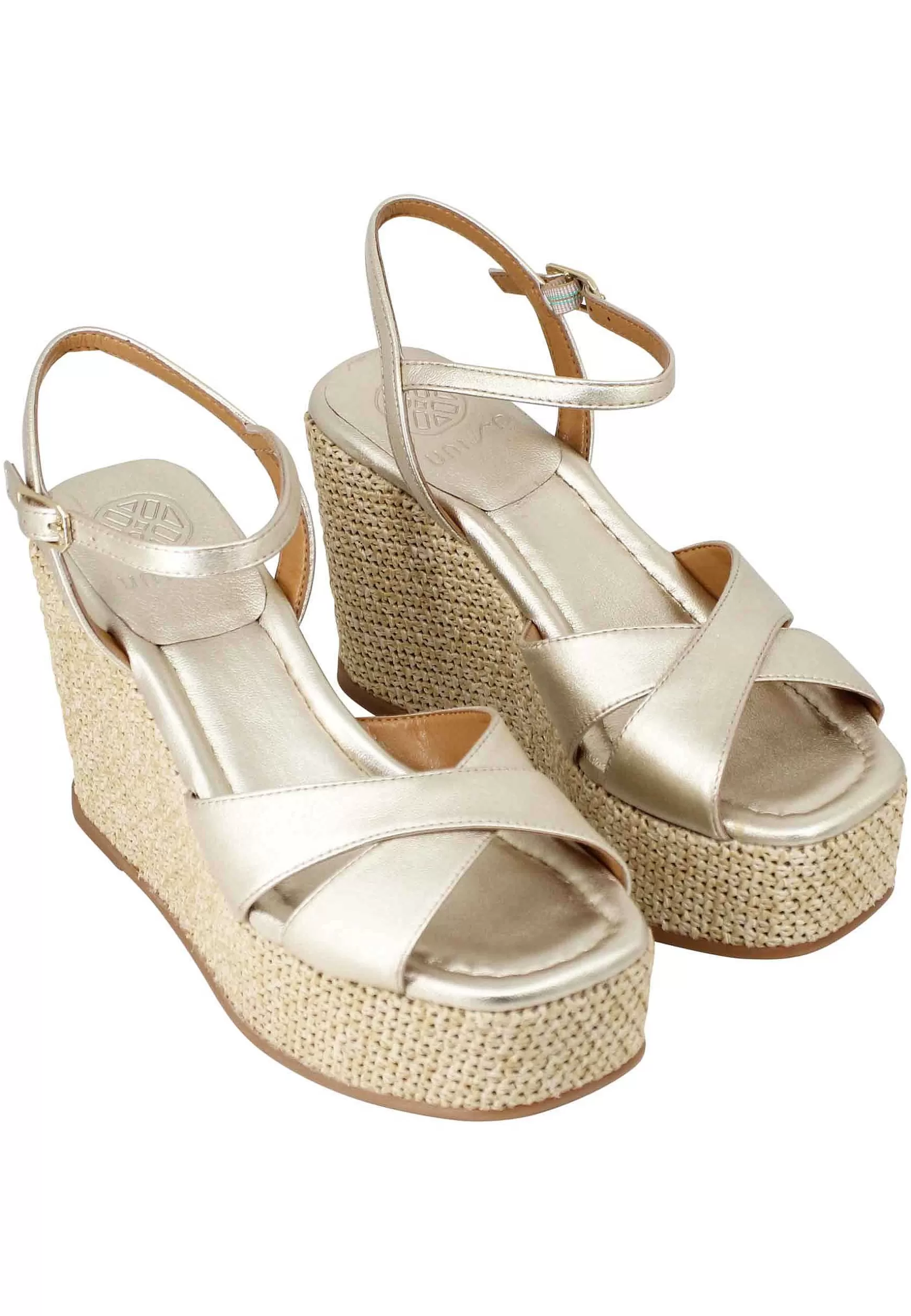 Sandali Donna In Pelle Laminata Platino Con Zeppa Alta In Corda*Unisa Cheap