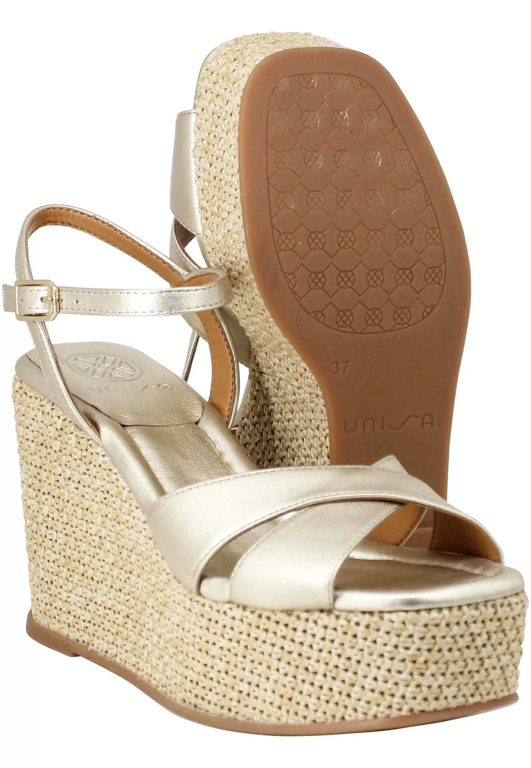 Sandali Donna In Pelle Laminata Platino Con Zeppa Alta In Corda*Unisa Cheap