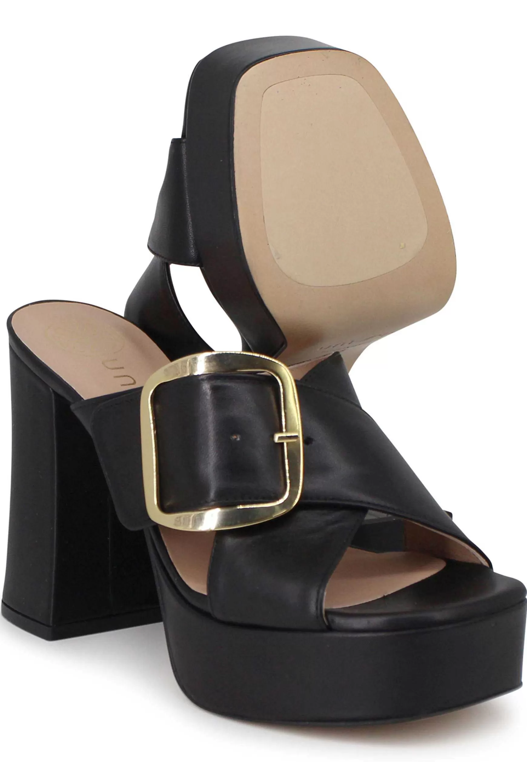 Sandali Donna In Pelle Nera Fibbia Laterale In Oro Con Tacco Alto E Plateau*Unisa Online
