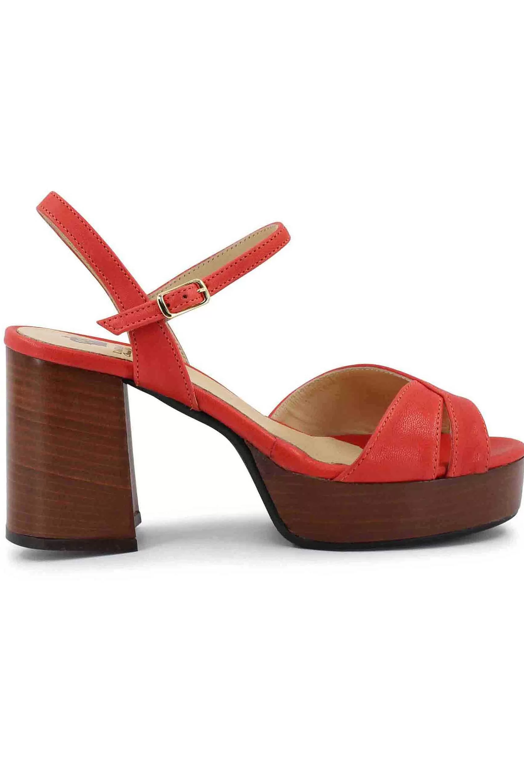 Sandai Donna In Pee Rosso Con Cinturino E Tacco E Pateau In Cuoio*L Shop