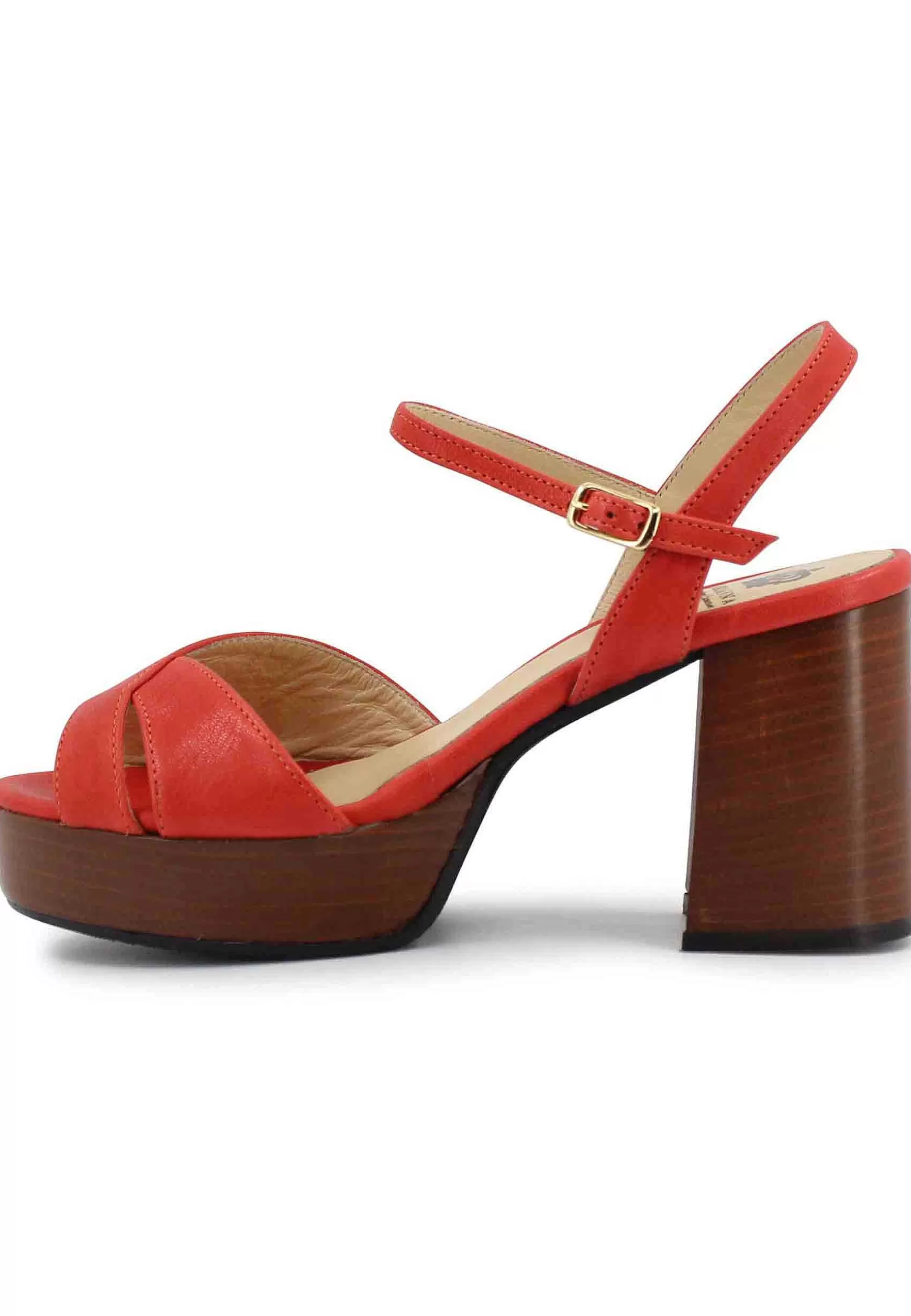 Sandai Donna In Pee Rosso Con Cinturino E Tacco E Pateau In Cuoio*L Shop