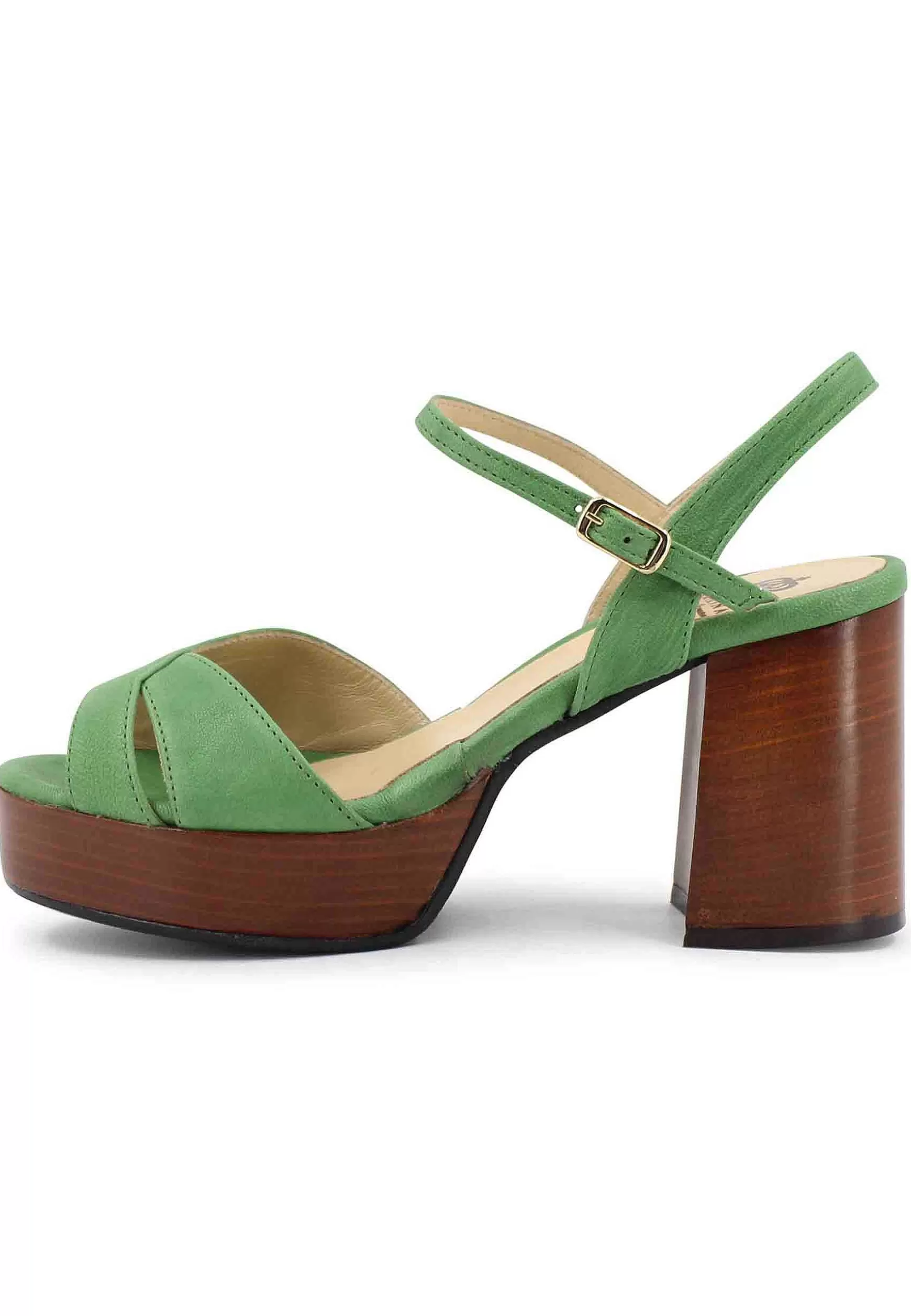 Sandai Donna In Pee Verde Con Cinturino E Tacco E Pateau In Cuoio*L Cheap