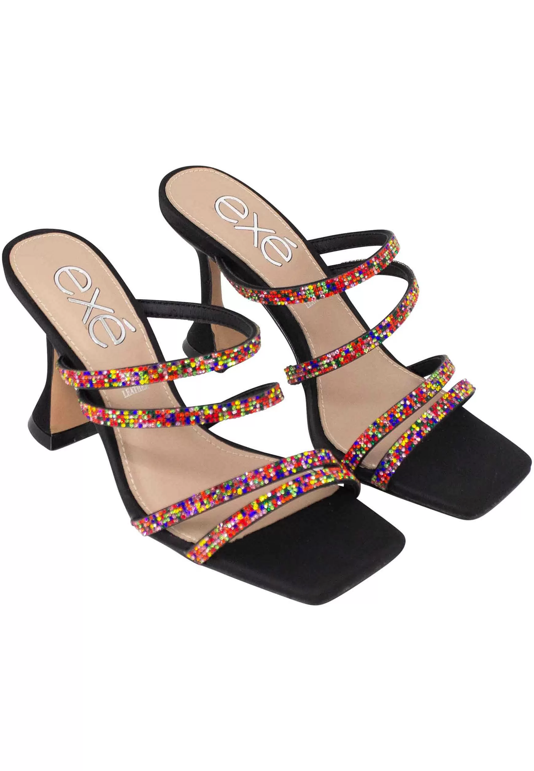 Sandali Donna In Tessuto Nero Con Tacco Alto E Strass Multicolore*Exe Shop