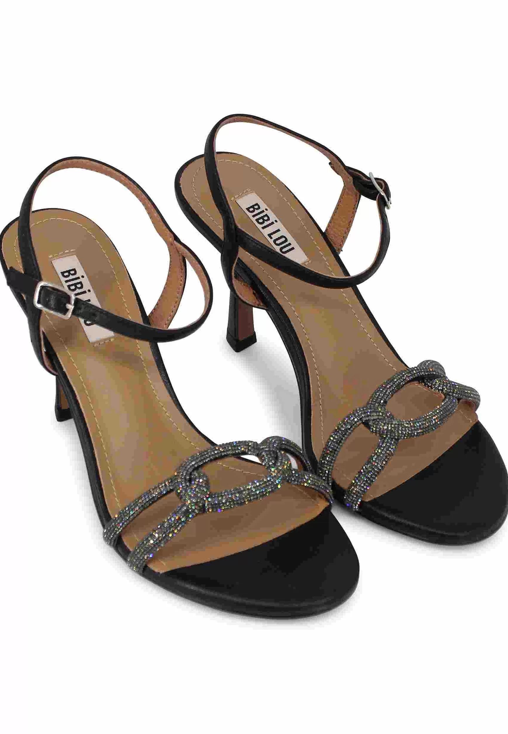 Sandali Donna Katia In Pelle Nera Tacco Alto Con Strass E Cinturino Alla Caviglia*Bibi Lou Cheap