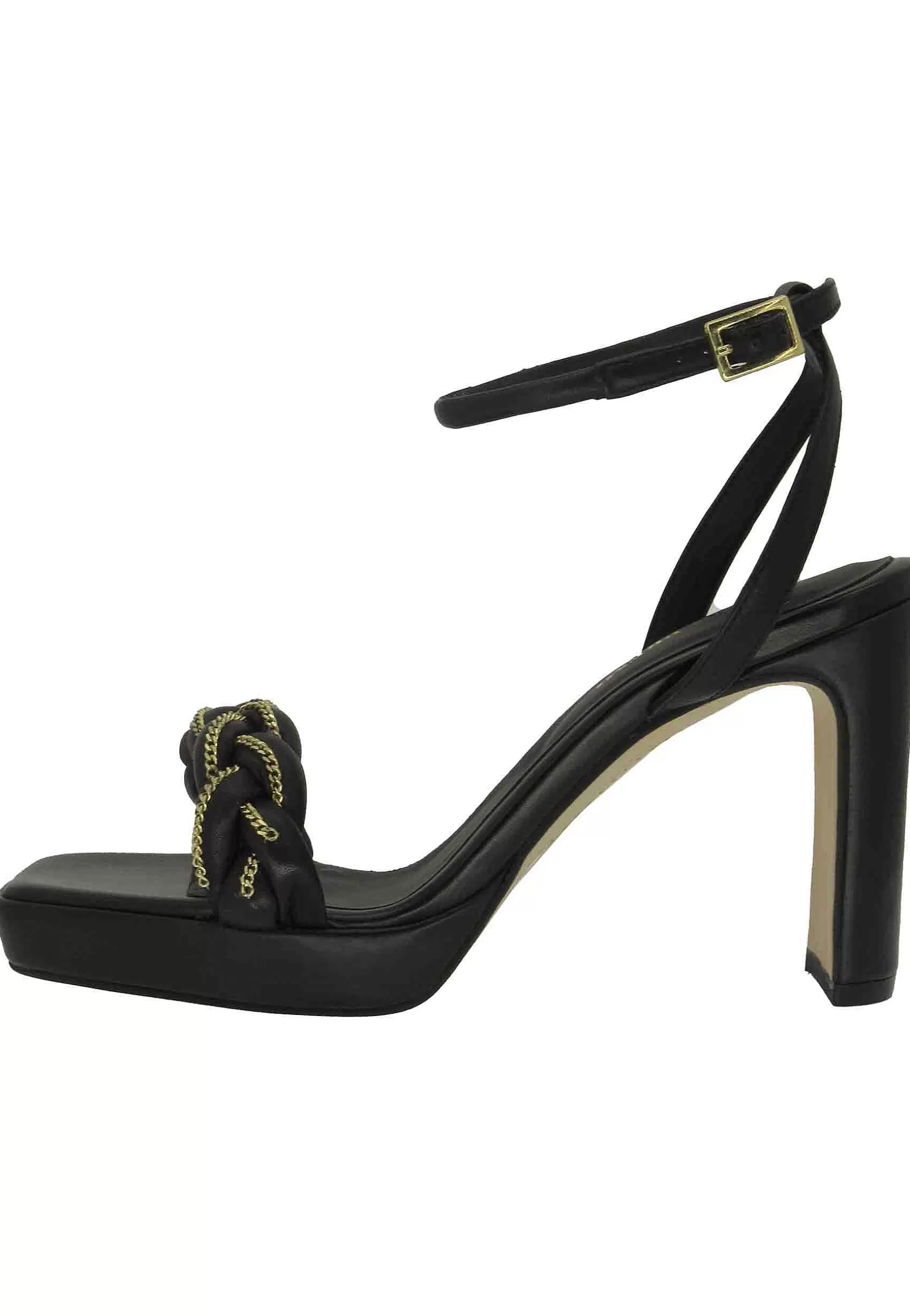 Sandali Donna Tea Crui In Pelle Nera Con Catena Oro E Tacco Alto*Bruno Premi Discount