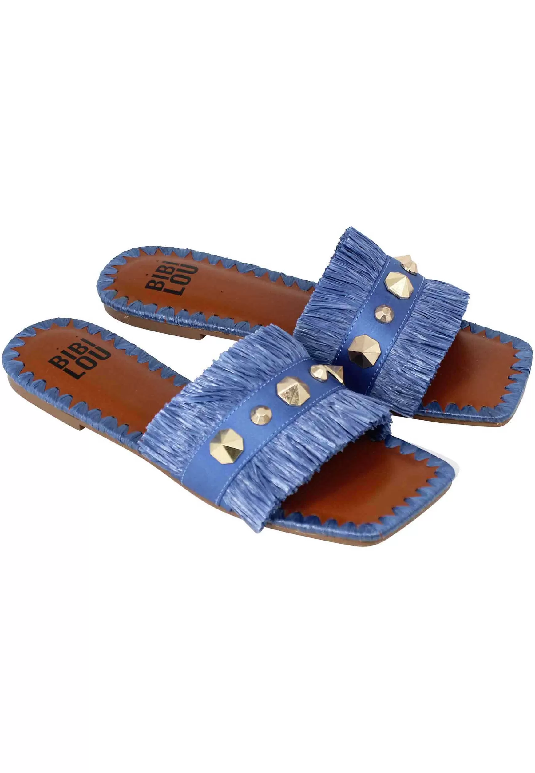 Sandali Flat Alexis Donna Tessuto Sfrangiato Celeste Con Borchie*Bibi Lou Store