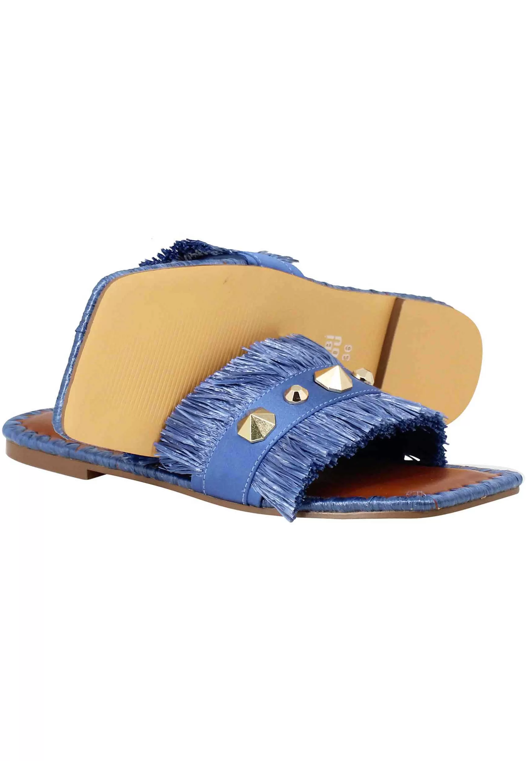 Sandali Flat Alexis Donna Tessuto Sfrangiato Celeste Con Borchie*Bibi Lou Store