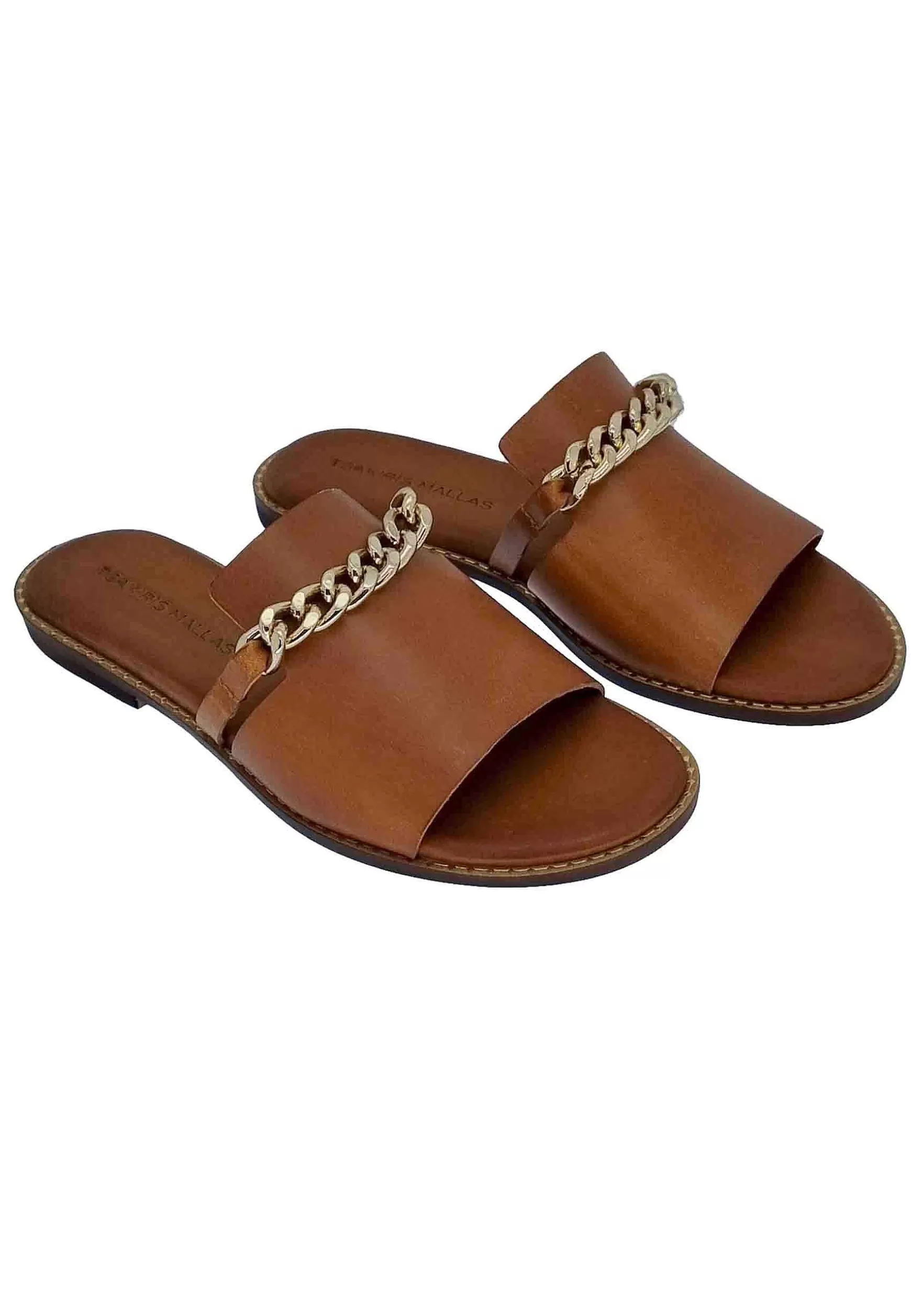 Sandali Flat Donna In Pelle Cuoio Con Catena Oro*Tsakiris Mallas Best Sale