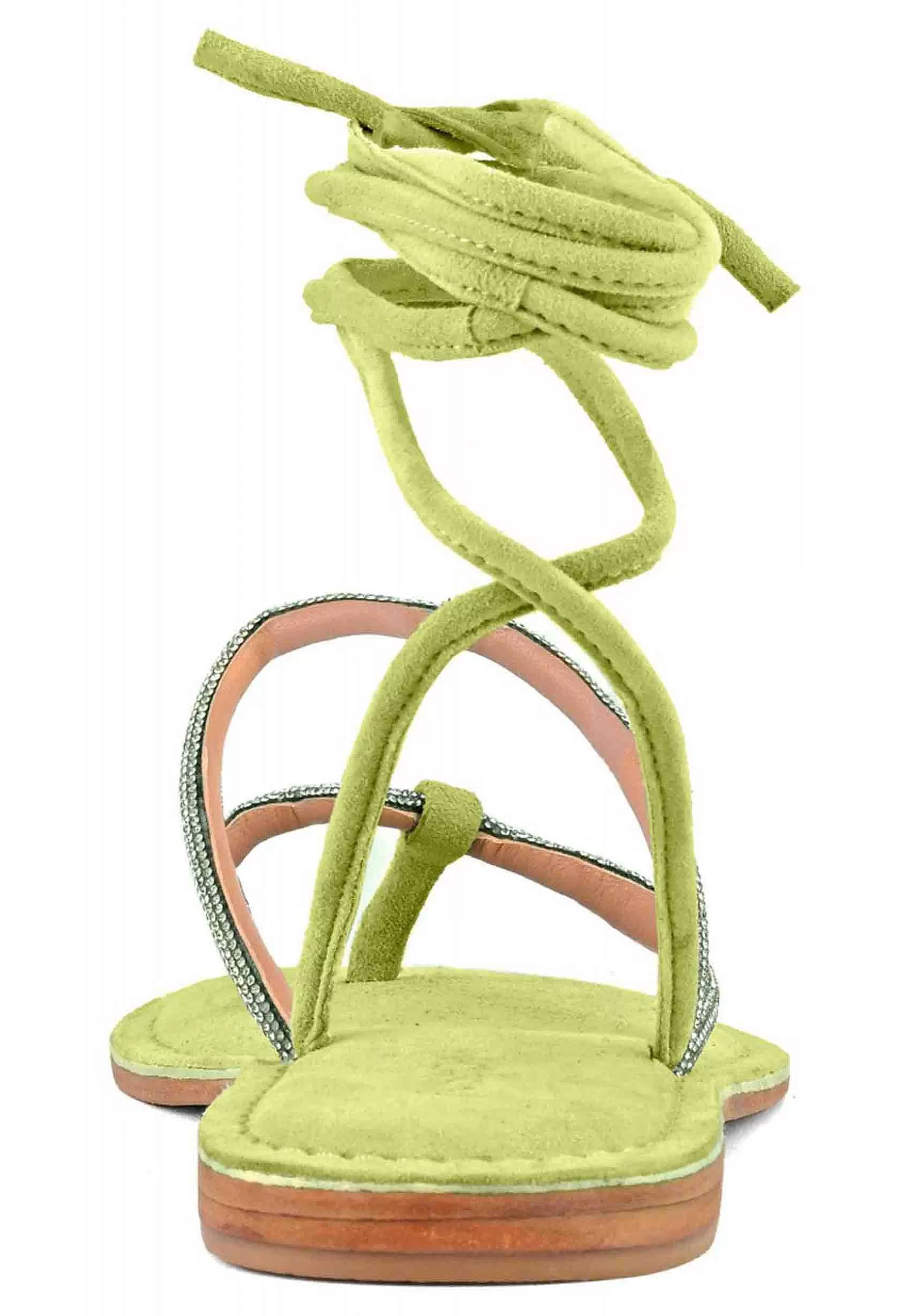 Sandali Flat Donna Infradito In Camoscio Verde Con Strass E Lacci Alla Caviglia*Coral Blue Clearance