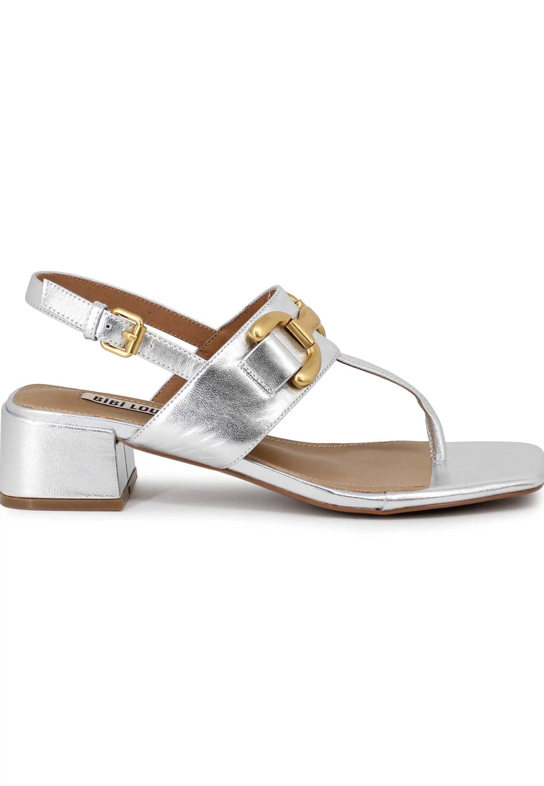 Sandali Infradito Donna Slingback In Pelle Argento Con Accessorio Oro*Bibi Lou Store