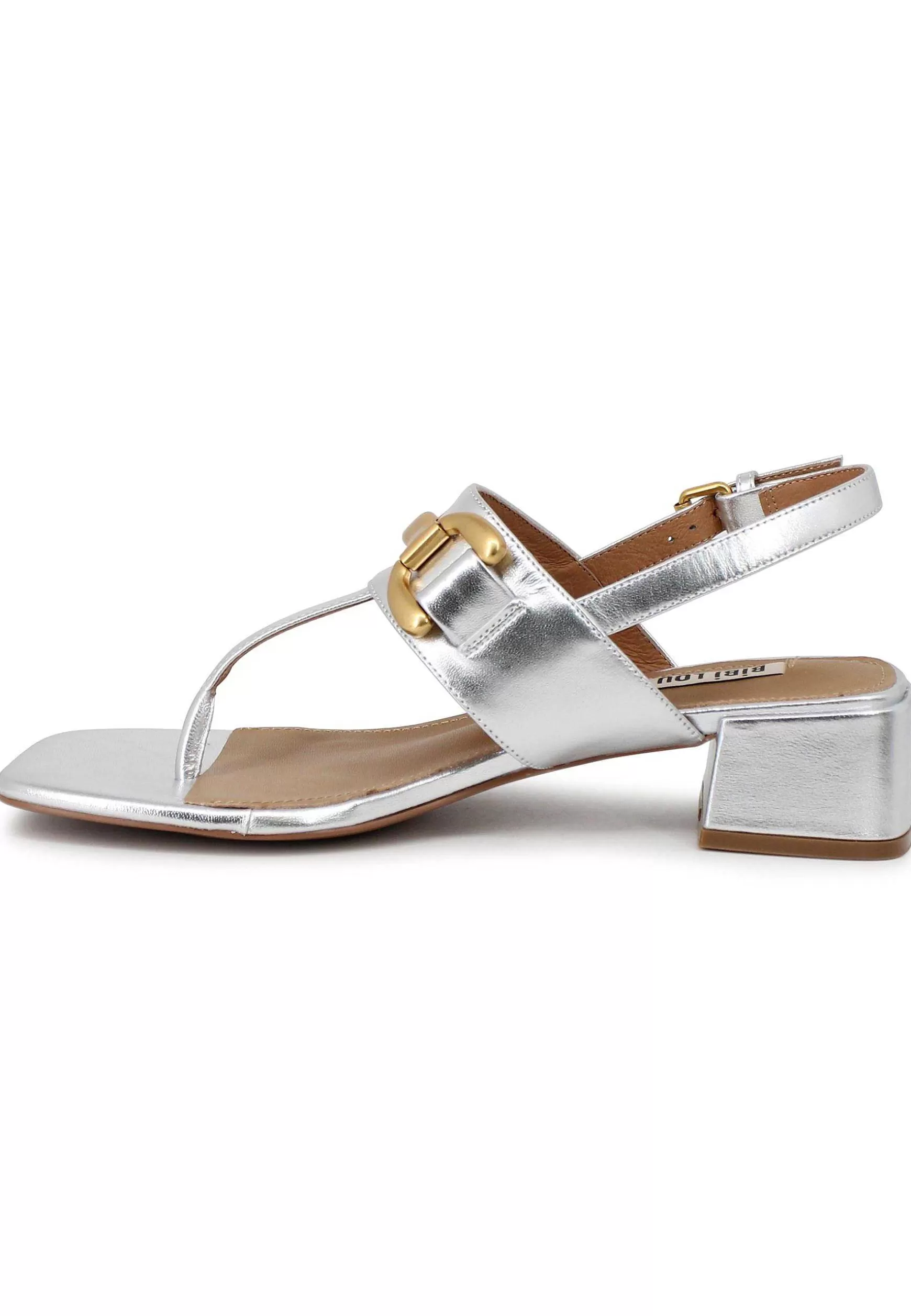 Sandali Infradito Donna Slingback In Pelle Argento Con Accessorio Oro*Bibi Lou Store