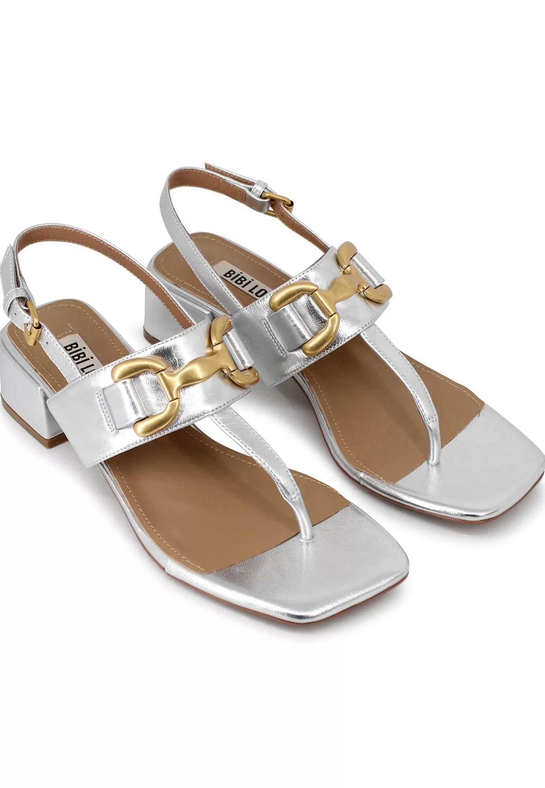 Sandali Infradito Donna Slingback In Pelle Argento Con Accessorio Oro*Bibi Lou Store