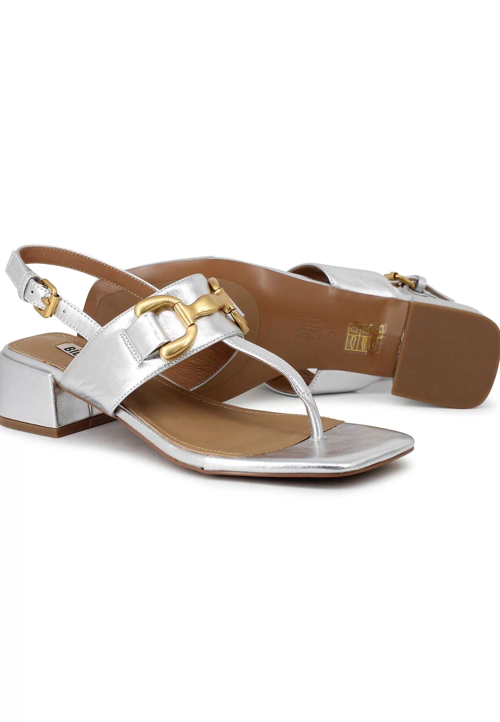 Sandali Infradito Donna Slingback In Pelle Argento Con Accessorio Oro*Bibi Lou Store