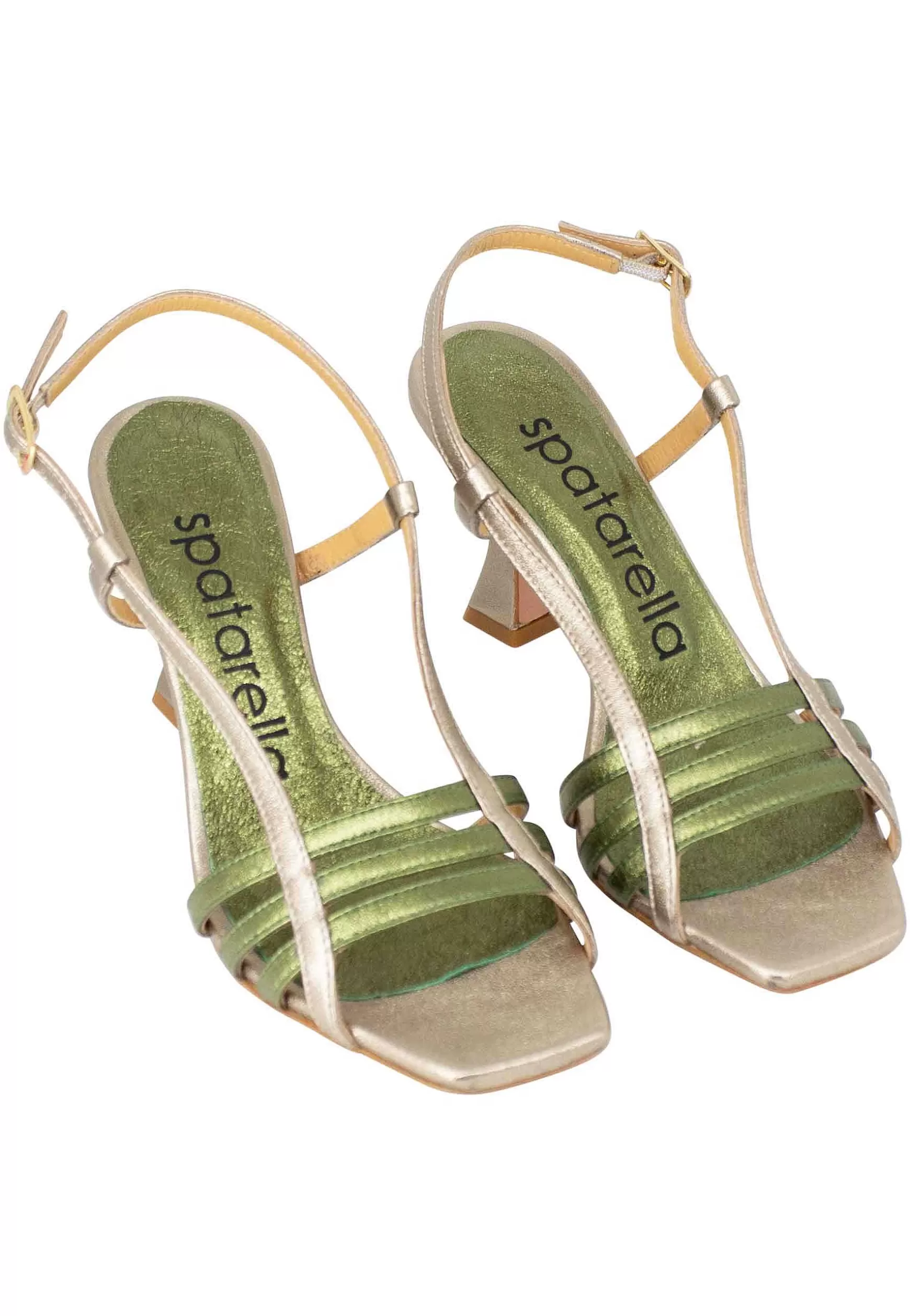 Sandali Silngback Donna In Pelle Laminata Oro E Verde Con Tacco Alto E Punta Quadra** Outlet