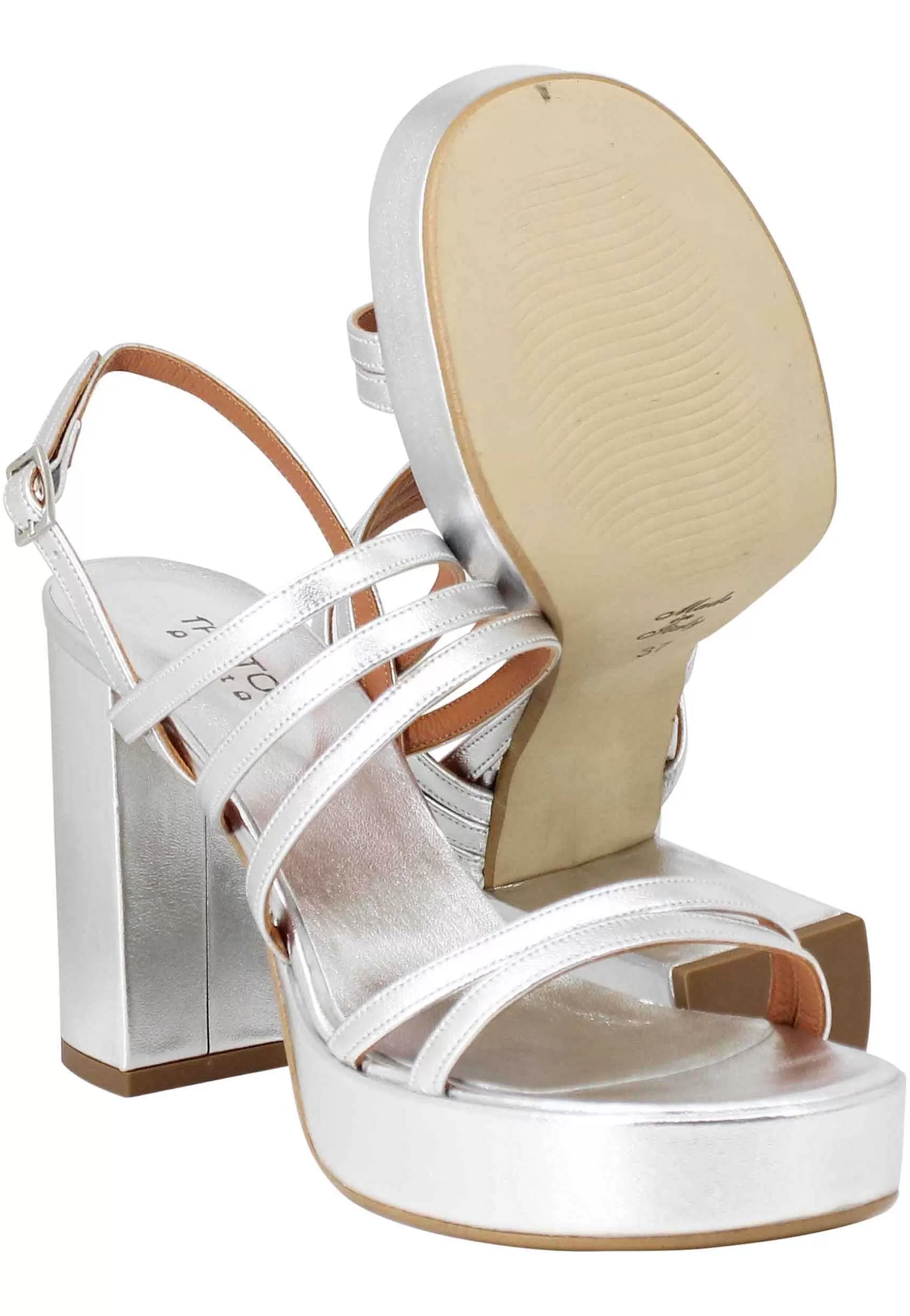 Sandali Slingback Donna In Pelle Laminata Argento Con Tacco Alto E Plateau*Tattoo Best