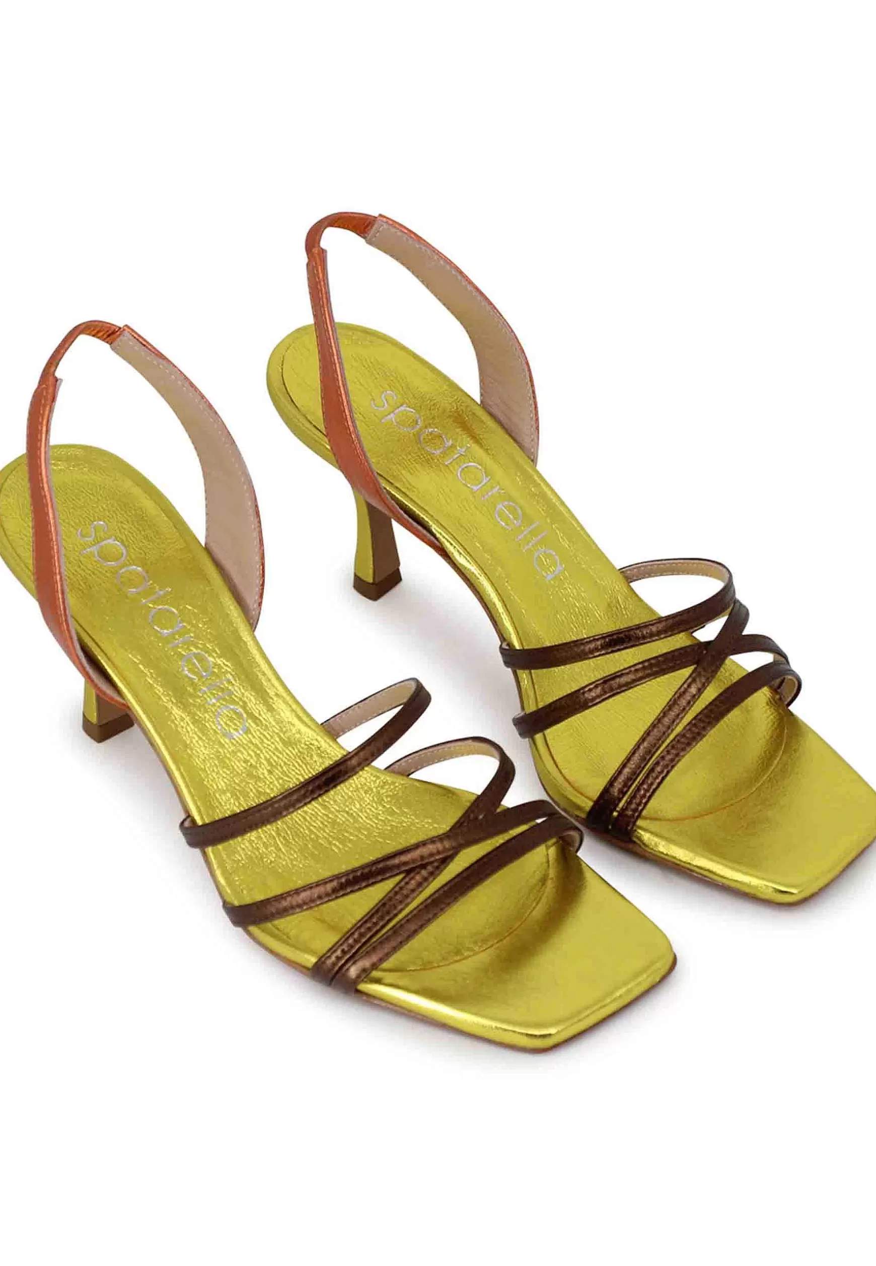 Sandali Slingback Donna In Pelle Laminata Oro Con Cinturini E Punta Quadra** New