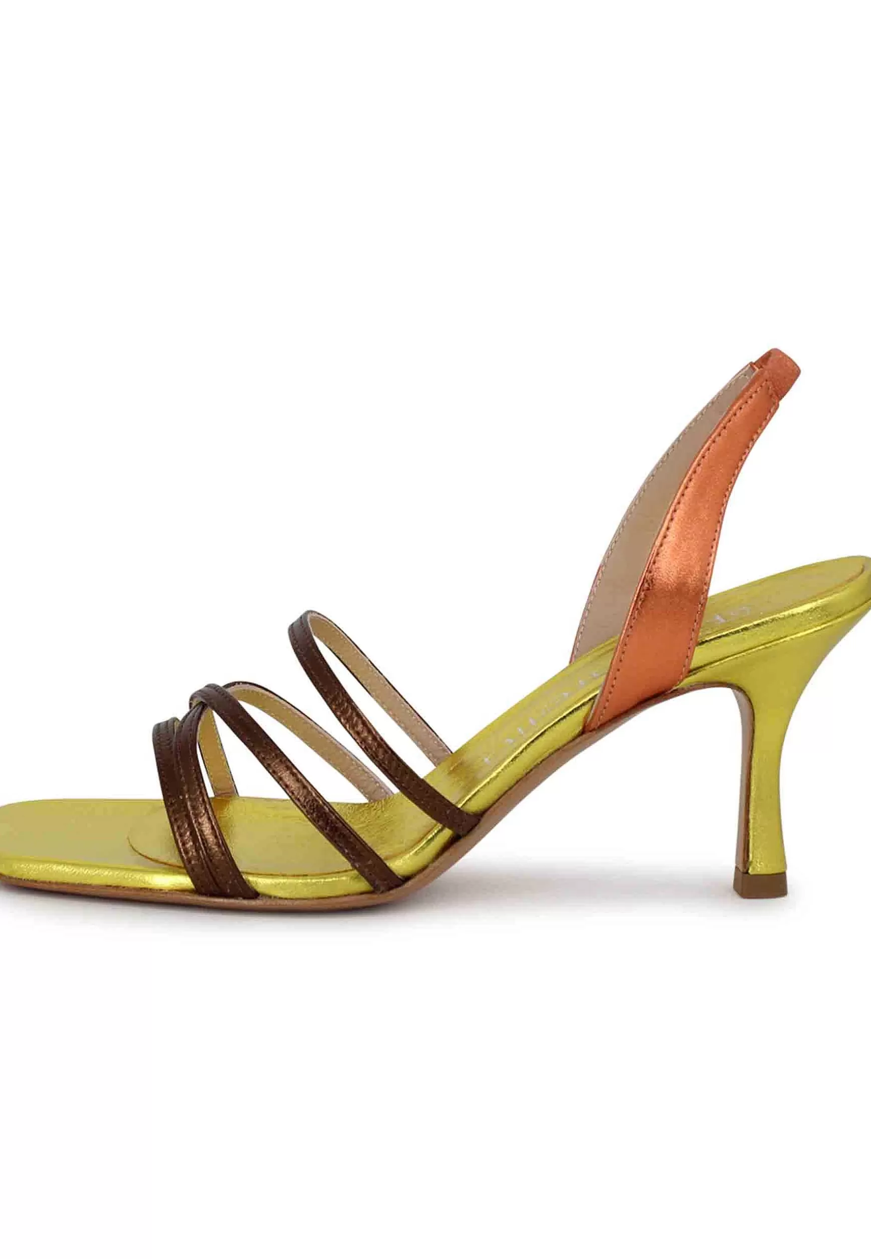 Sandali Slingback Donna In Pelle Laminata Oro Con Cinturini E Punta Quadra** New