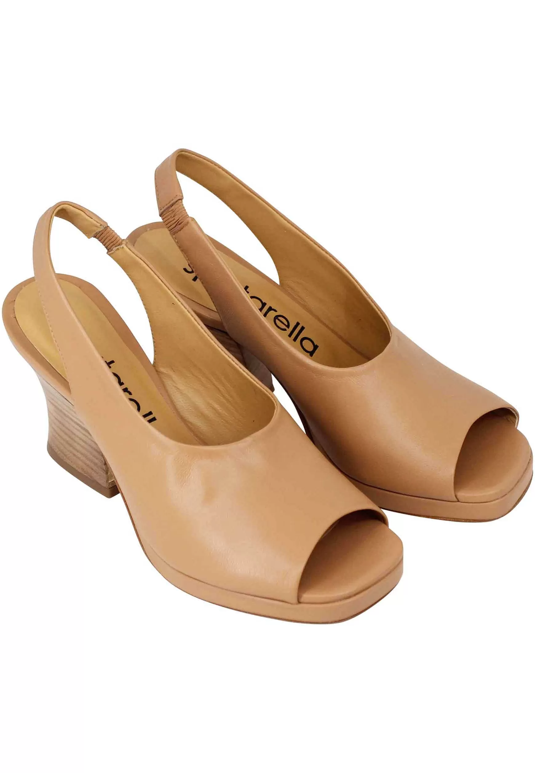 Sandali Slingback Donna In Pelle Naturale Con Tacco In Cuoio Naturale** Sale