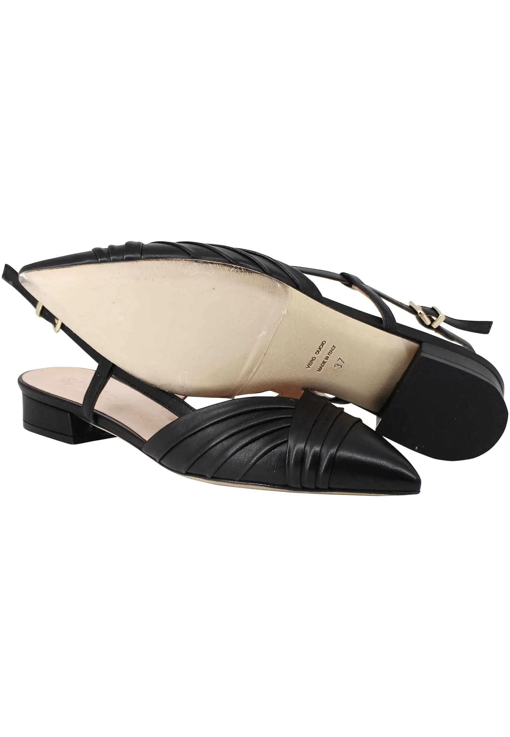 Sandali Slingback Donna In Pelle Nera Tacco Basso E Punta Chiusa** Online