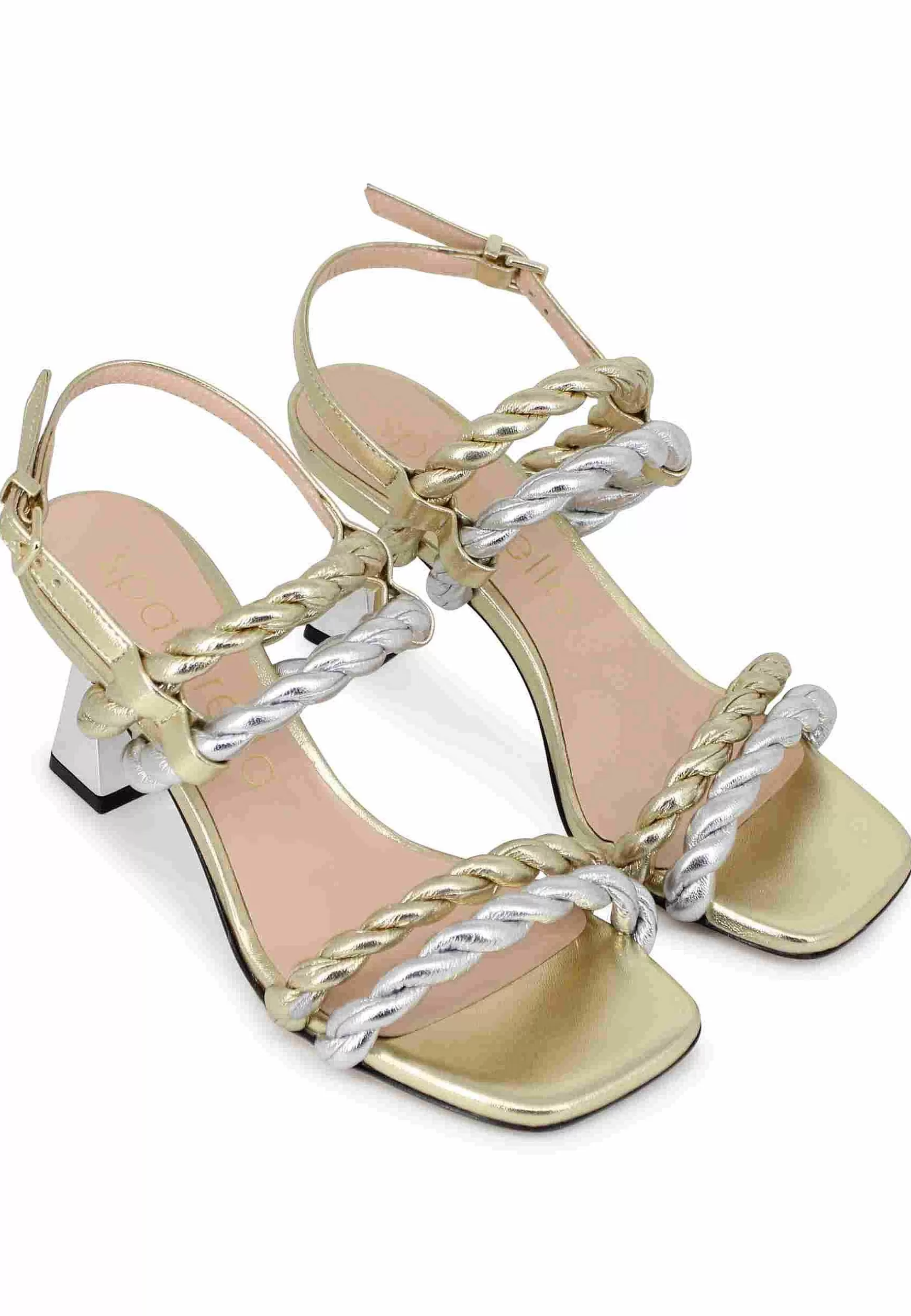 Sandali Slingback Donna In Pelle Oro E Argento Con Tacco Argento** Cheap