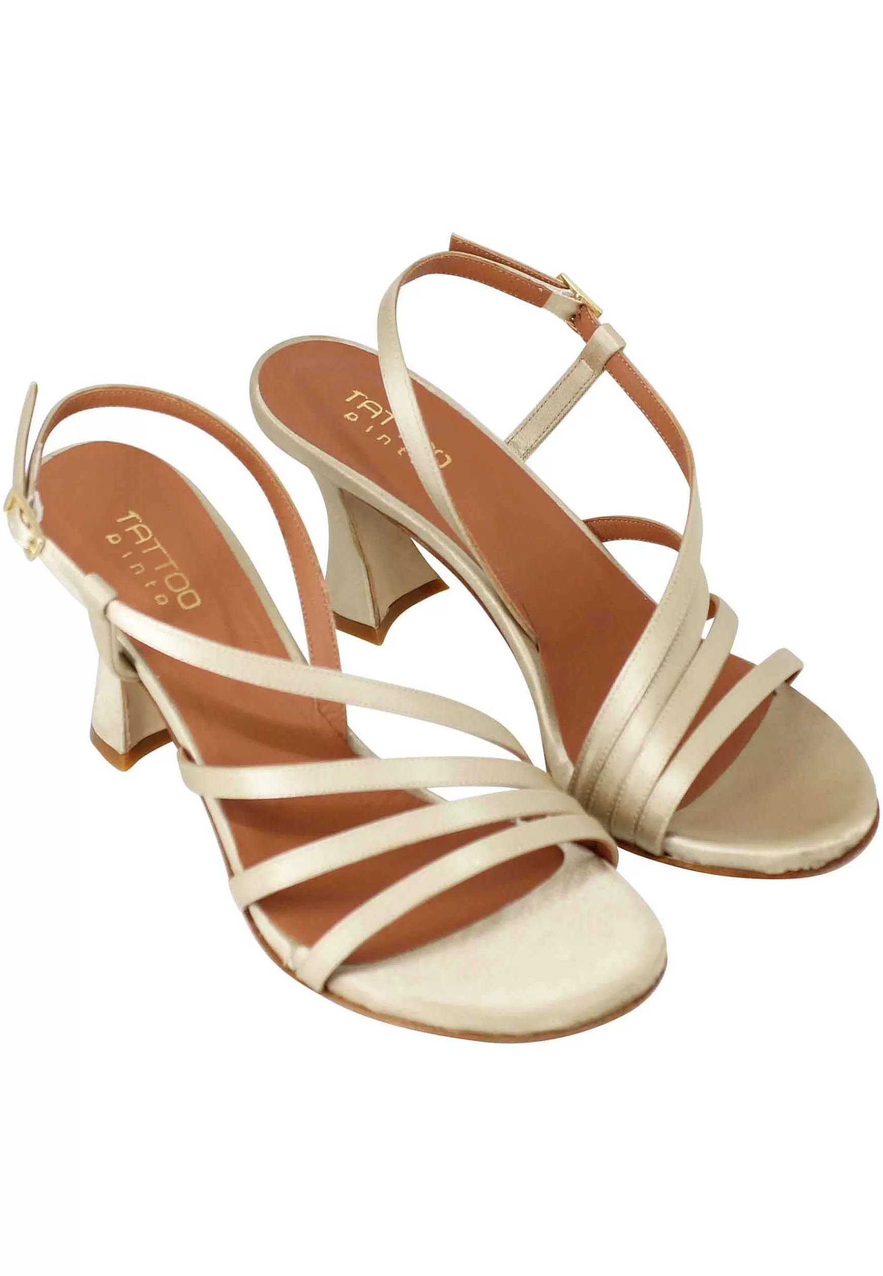 Sandali Slingback Donna In Raso Champagne E Suola In Cuoio*Tattoo Cheap