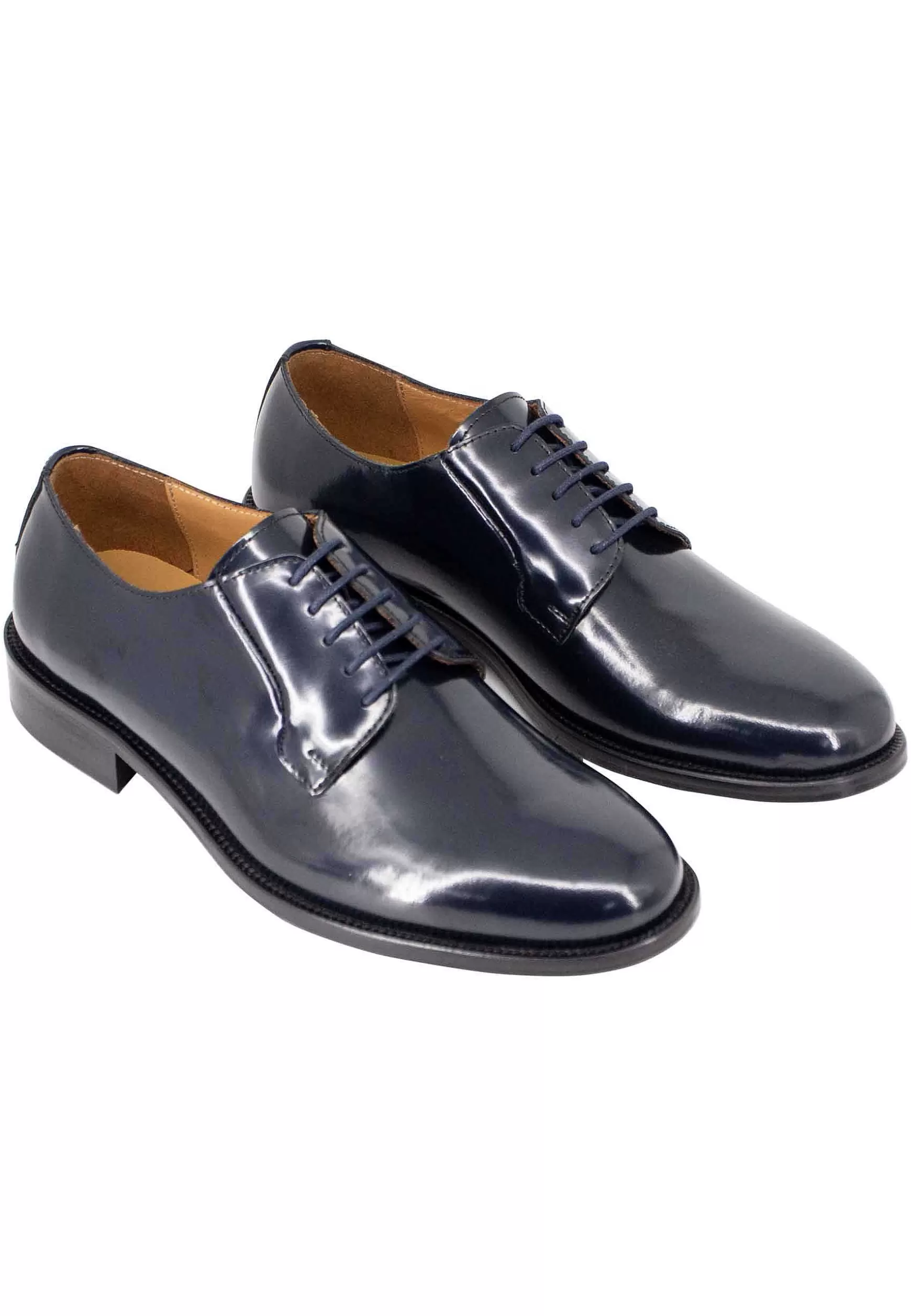 Scarpe Stringate Uomo In Pelle Lucida Blu Con Suola In Cuoio Cucita*Rogal Flash Sale